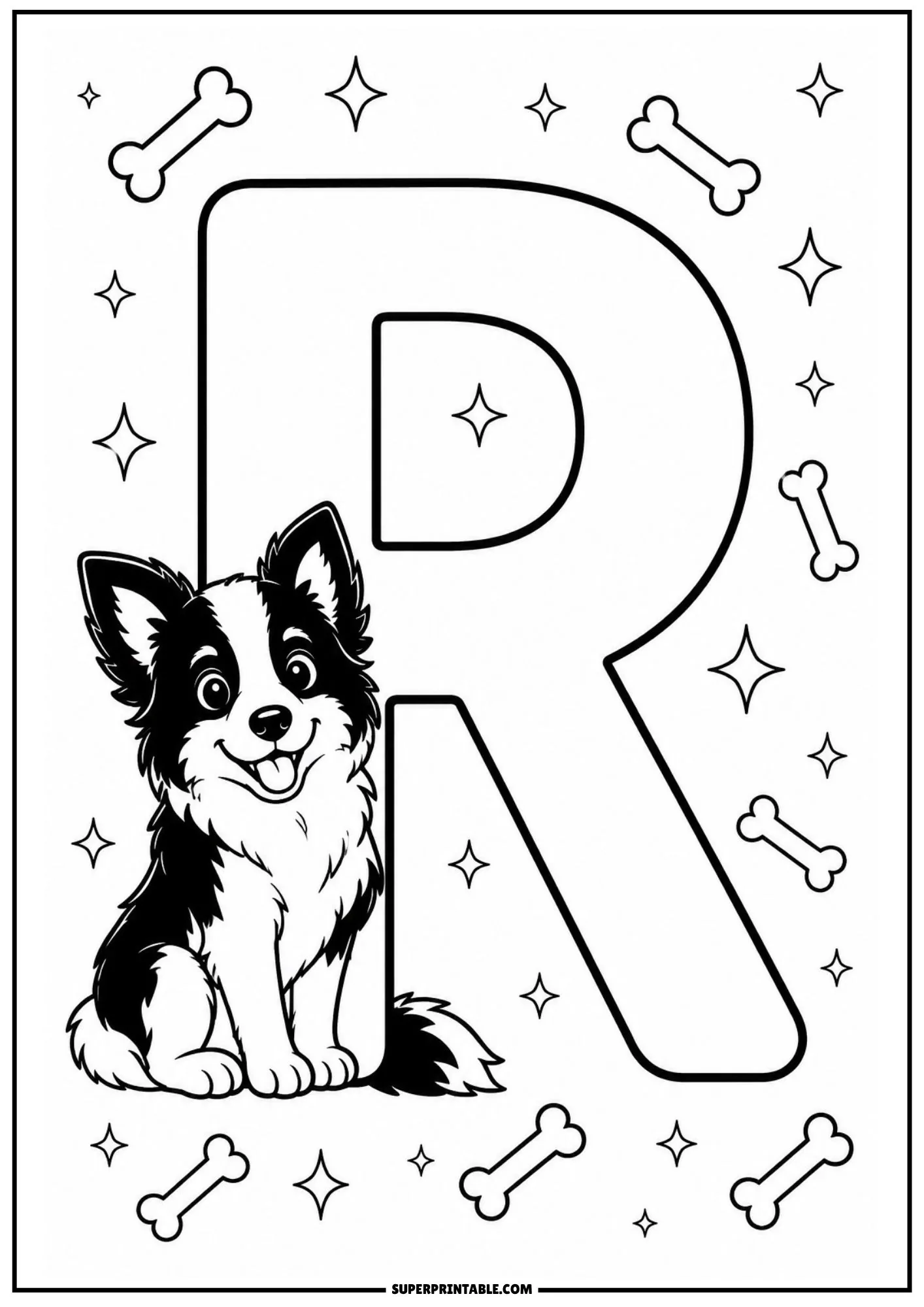 Alphabet coloring page showing a Border Collie puppy sitting next to a large capital letter R.
