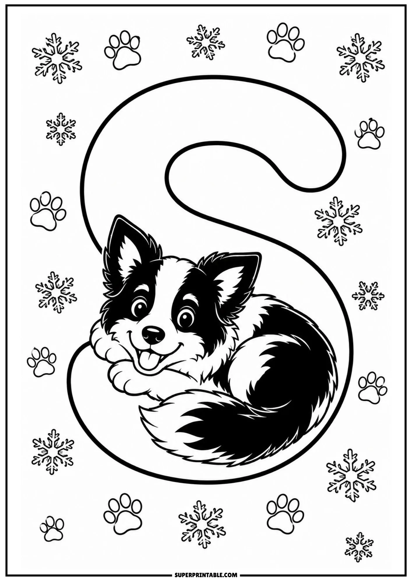 Coloring sheet featuring a puppy curled up in the lower curve of a stylized letter S.