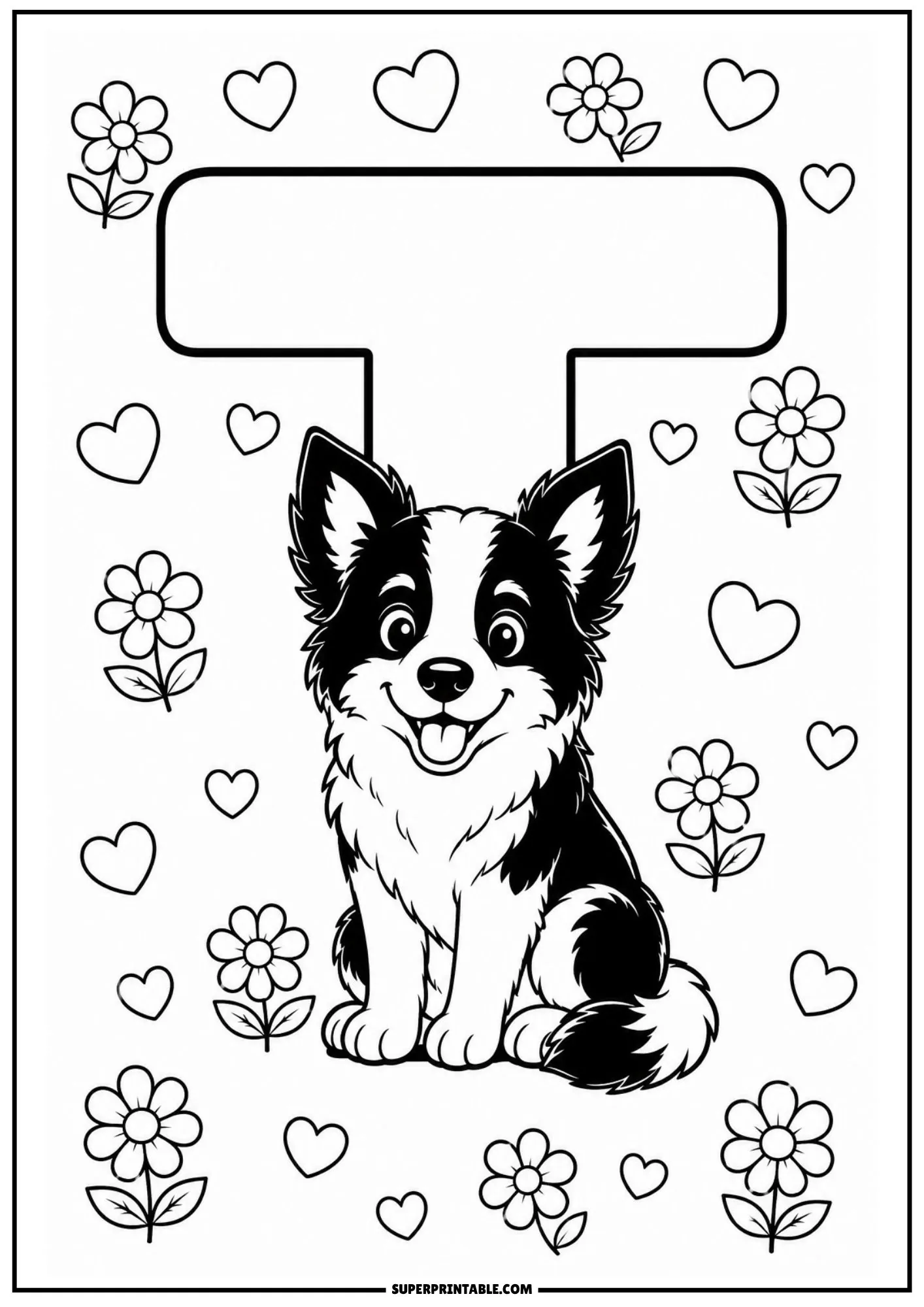 Line art printable showing a puppy sitting directly beneath the top bar of a letter T.