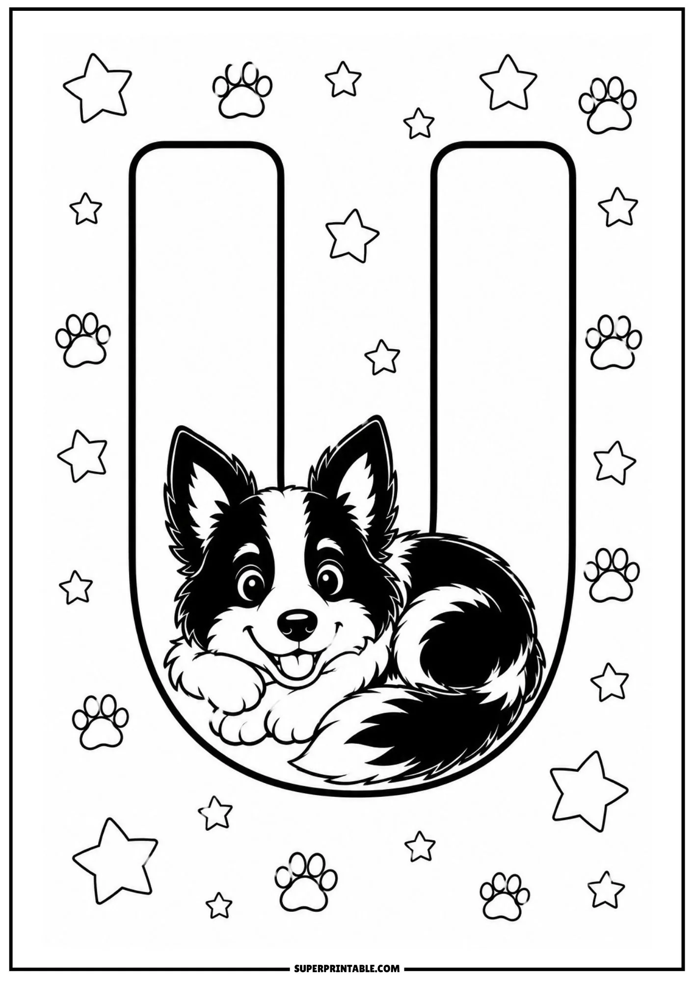 Coloring page of a Border Collie puppy resting in the bottom curve of a capital letter U.