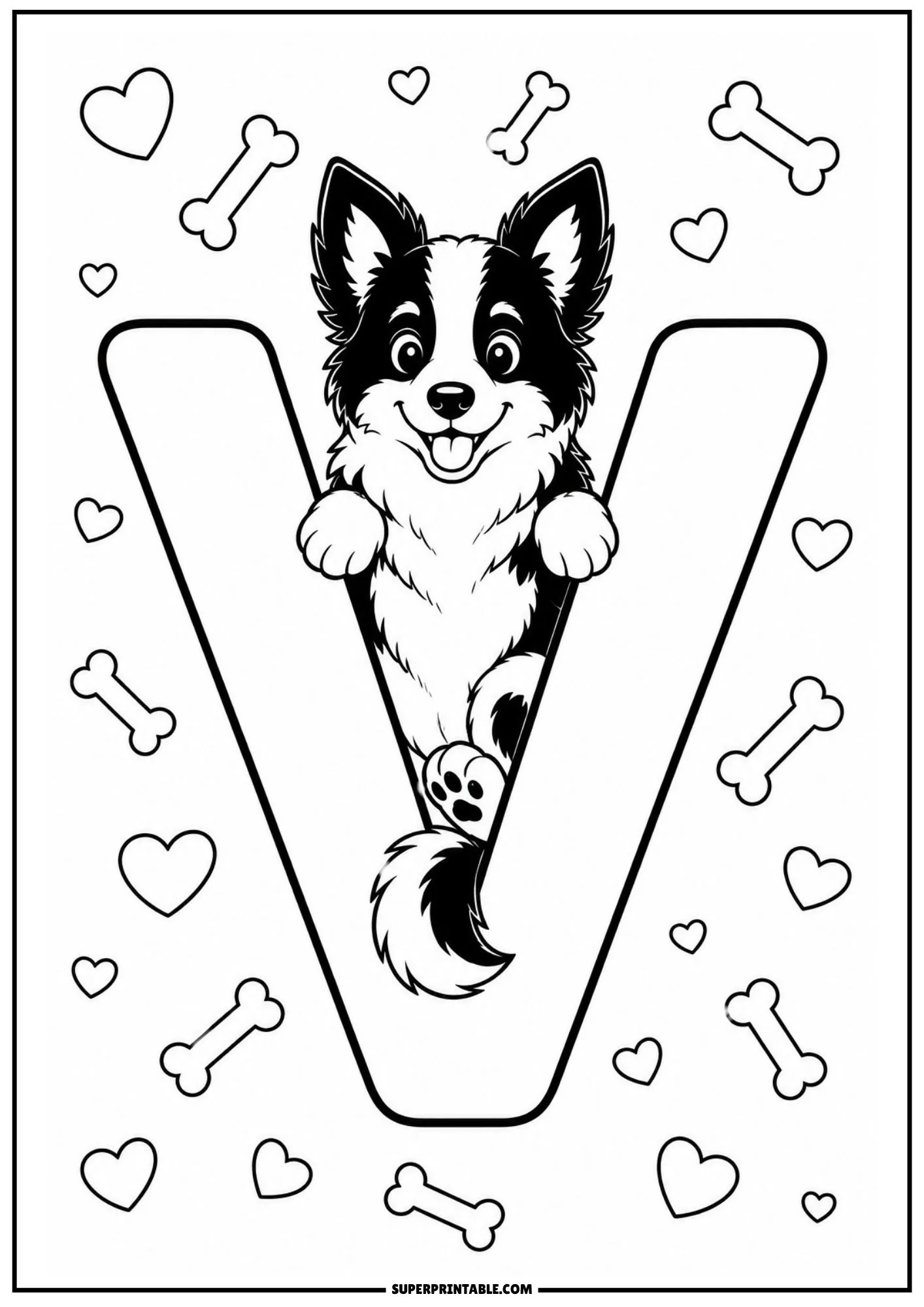 Printable line art showing a puppy peeking from the central notch of a large letter V.