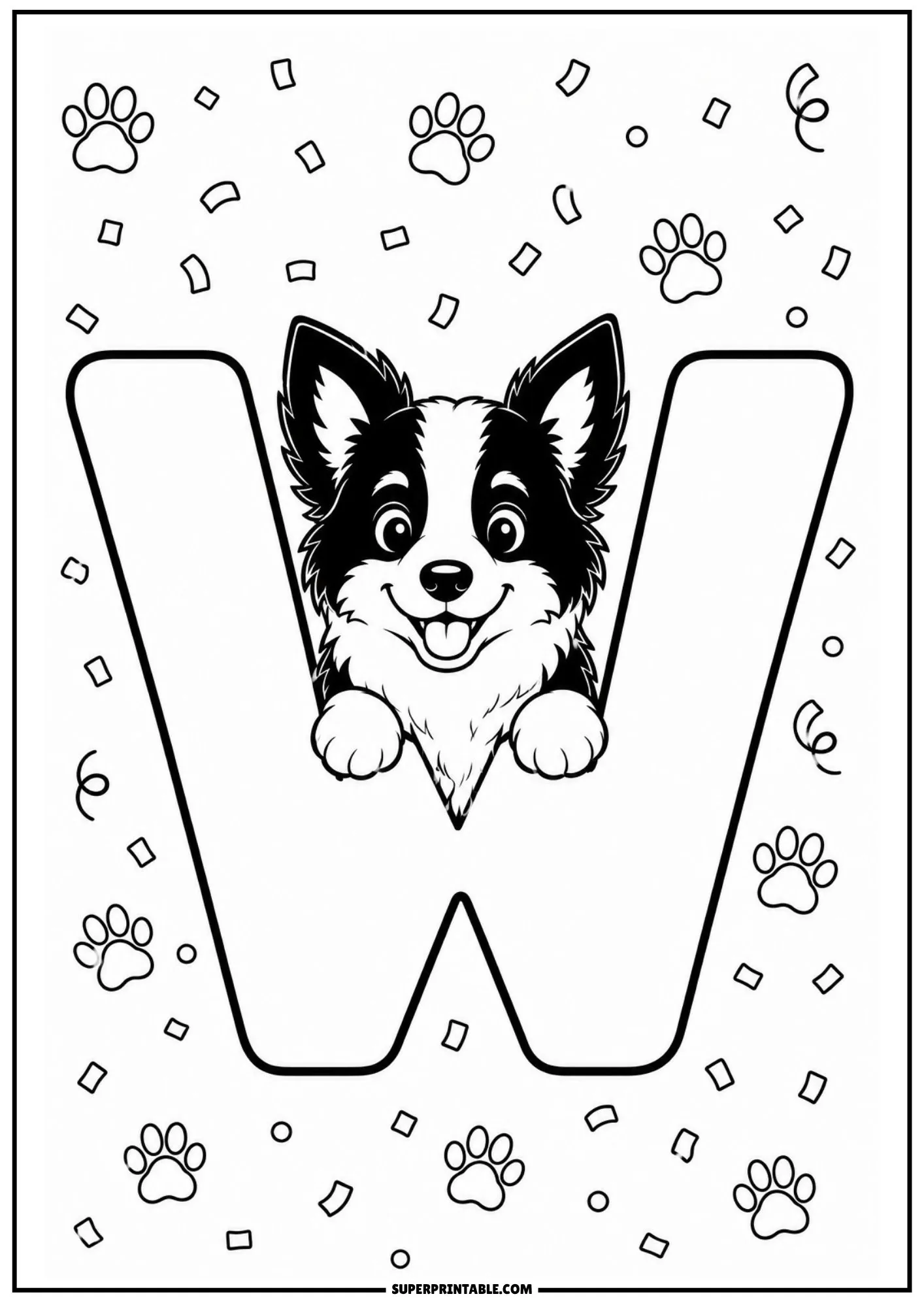 Coloring sheet of a Border Collie puppy looking over the central peak of a large letter W.