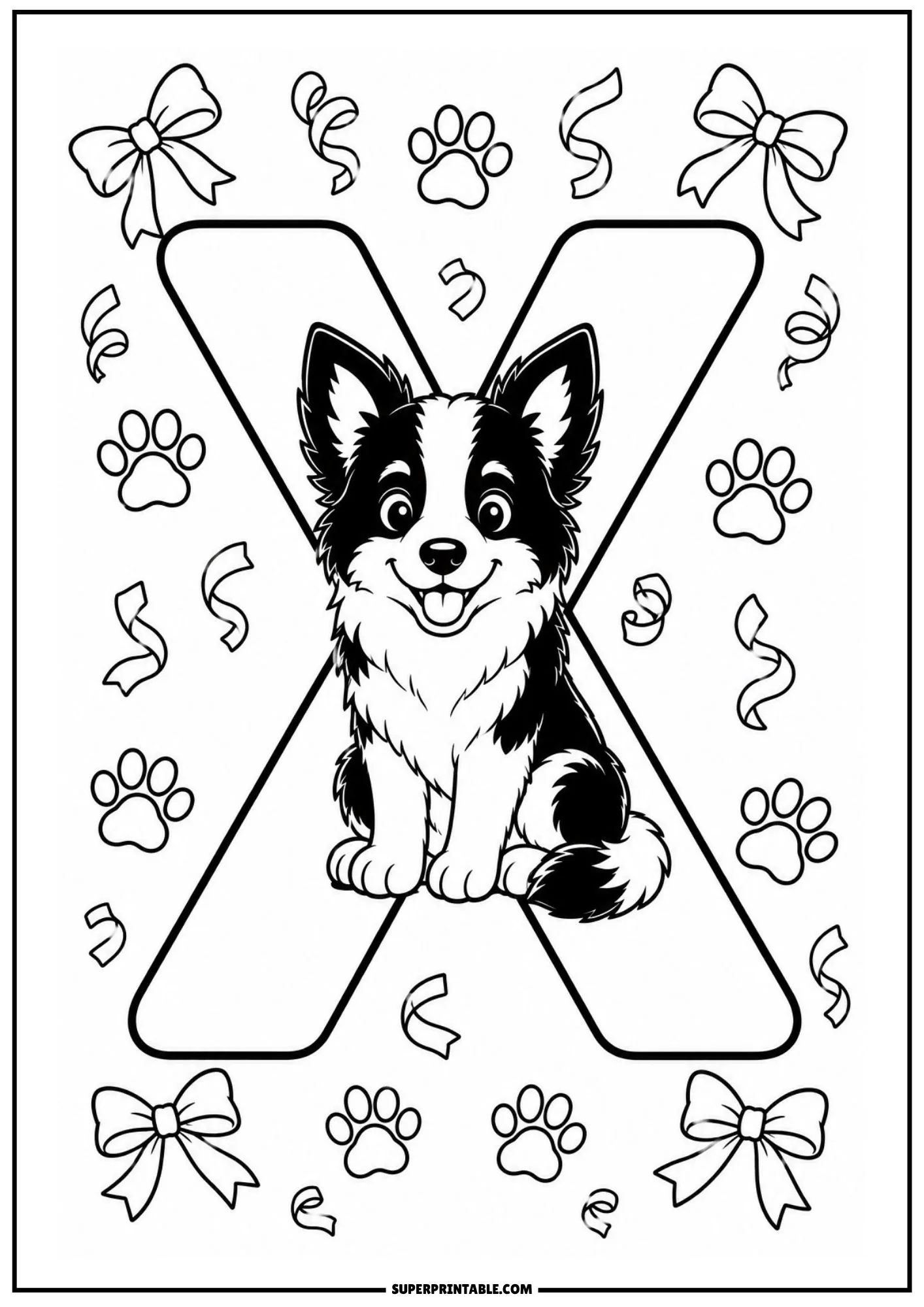Line art coloring sheet depicting a puppy sitting at the center of a large capital letter X.