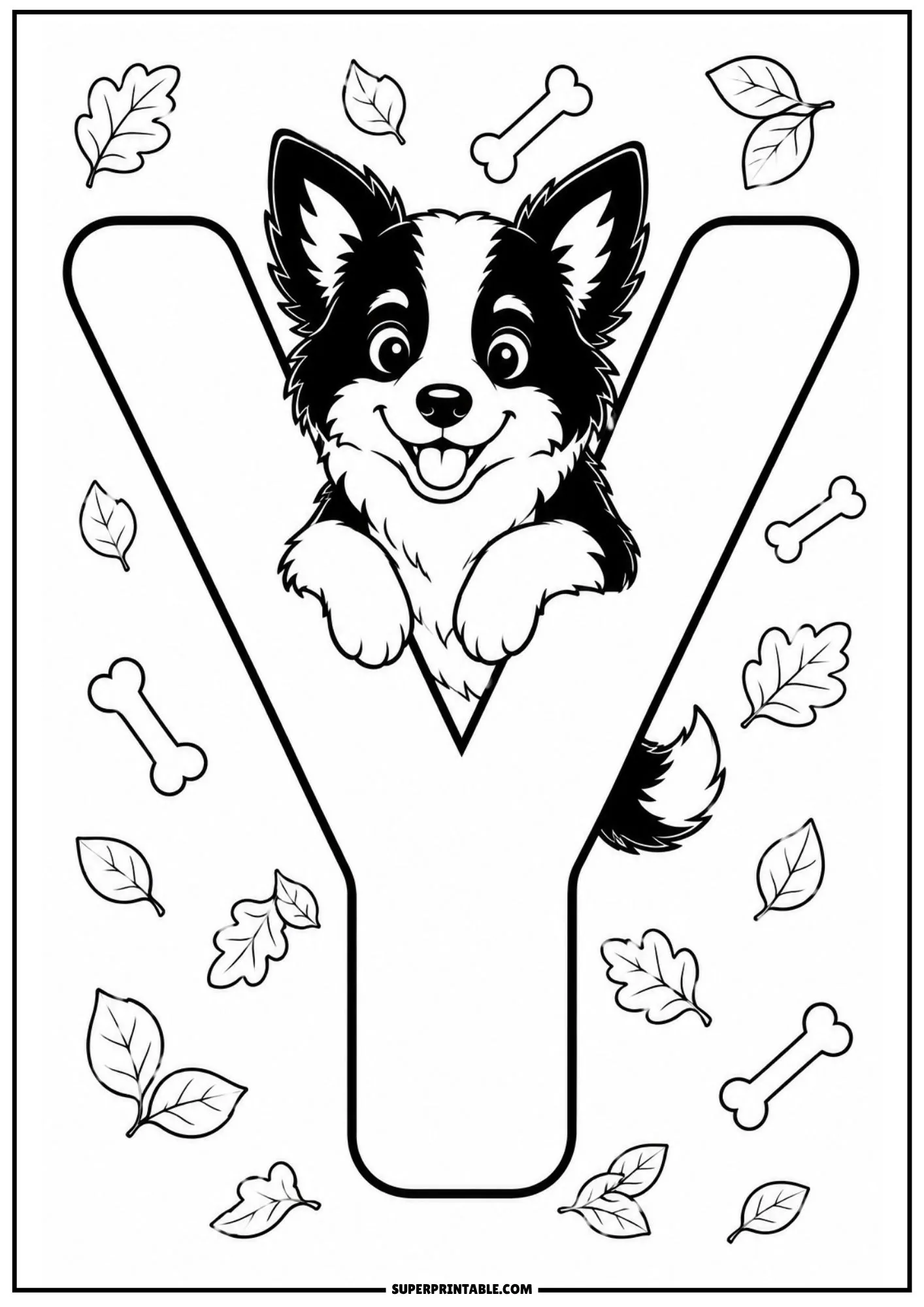 Coloring page of a cute Border Collie puppy resting in the upper arms of a letter Y.