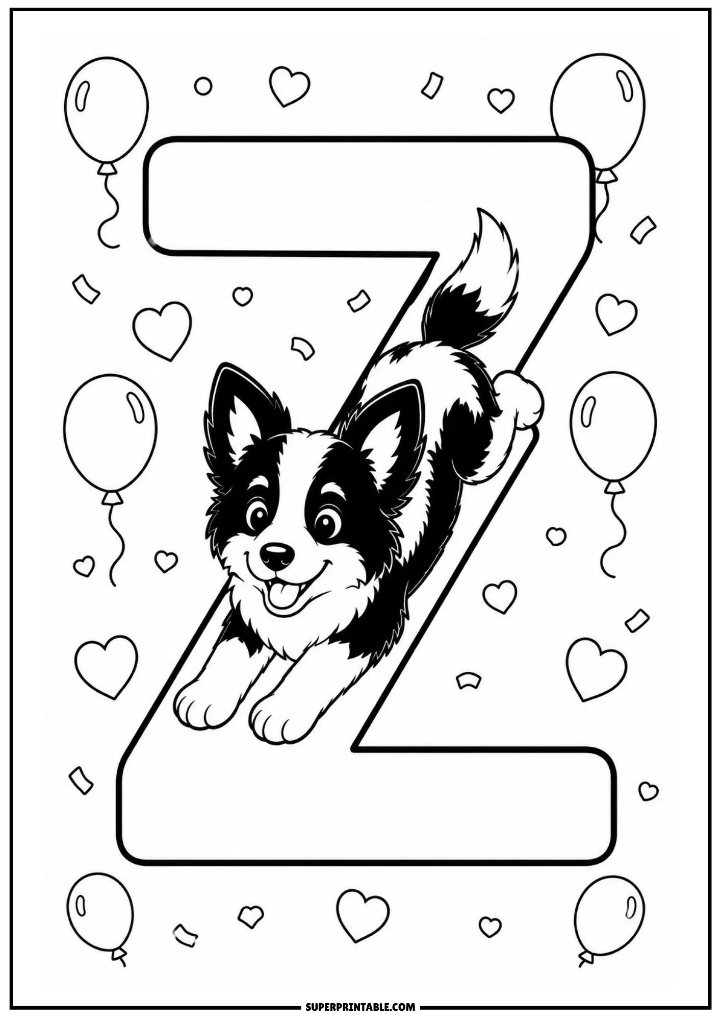 Alphabet coloring page showing a Border Collie puppy sliding down the diagonal of a letter Z.