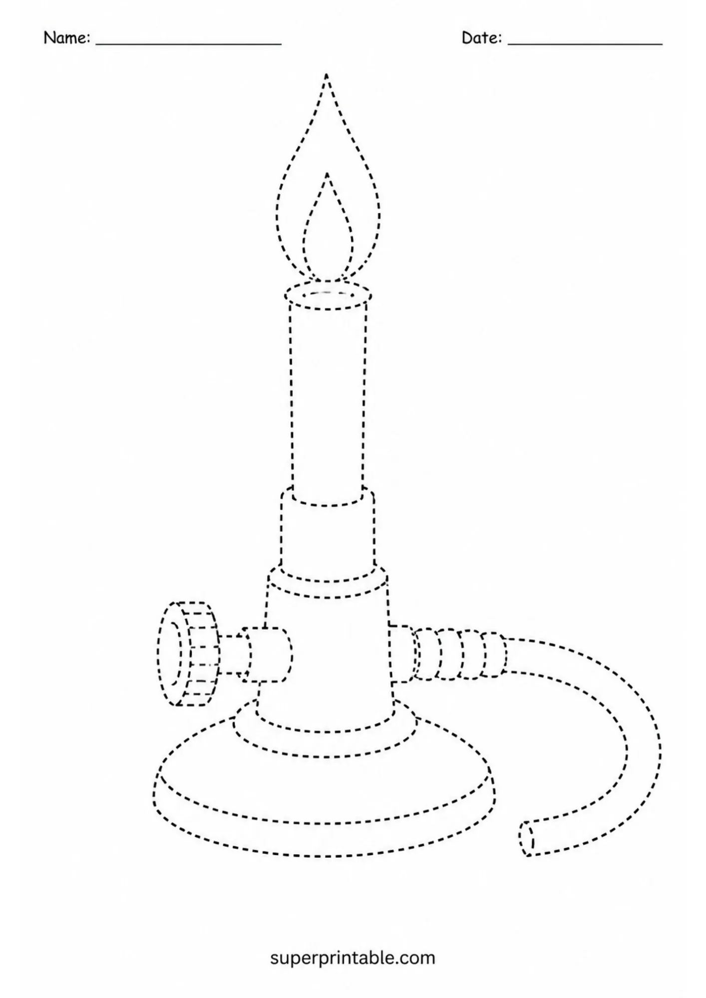 Line tracing sheet of a Bunsen burner with a flame and attached gas hose in dashed lines.