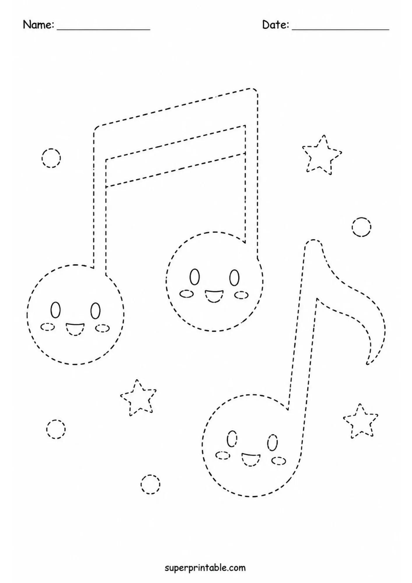 Printable tracing page with smiling cartoon music notes and decorative stars.