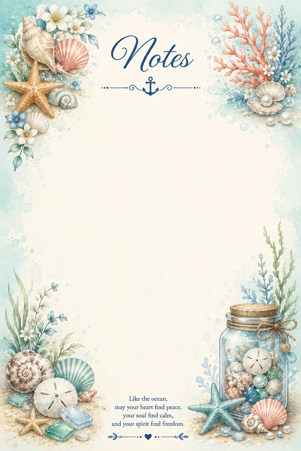 Seashells, coral, pearls and starfish decorating a peaceful coastal writing page.