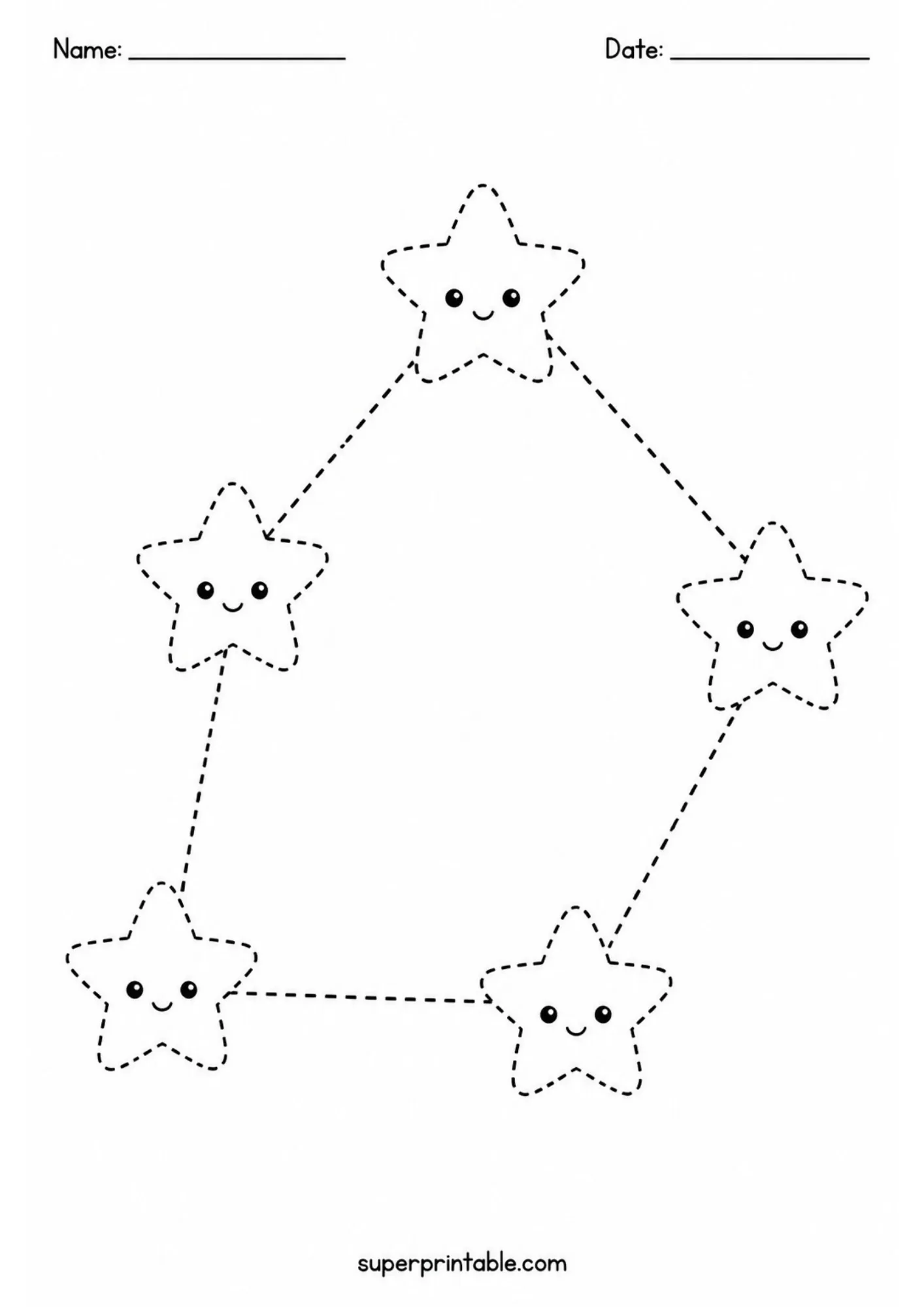 Five happy smiling stars connected by dashed lines forming a pentagon shape.