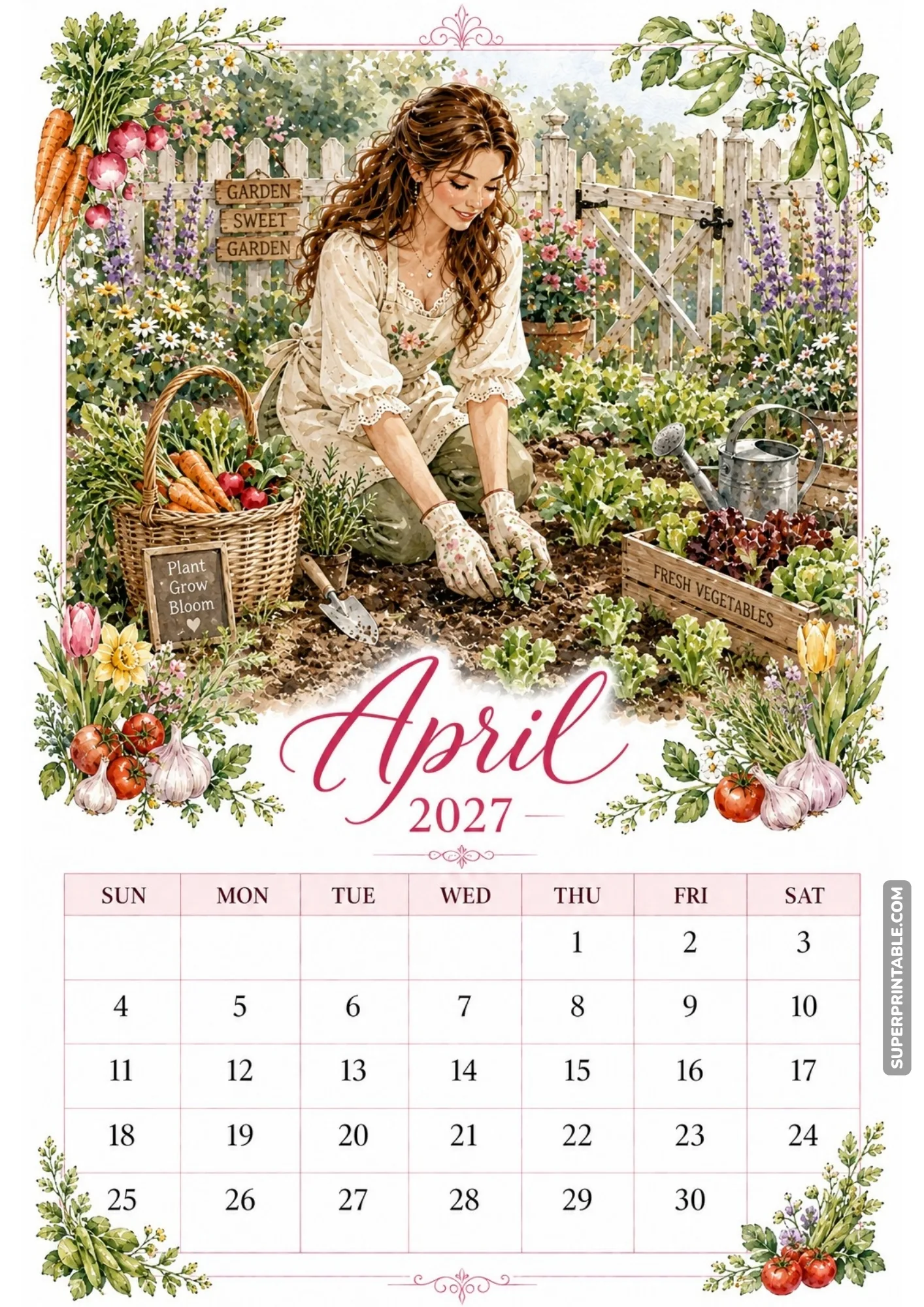 Woman planting fresh greens in a cottage garden next to a basket filled with harvested carrots.