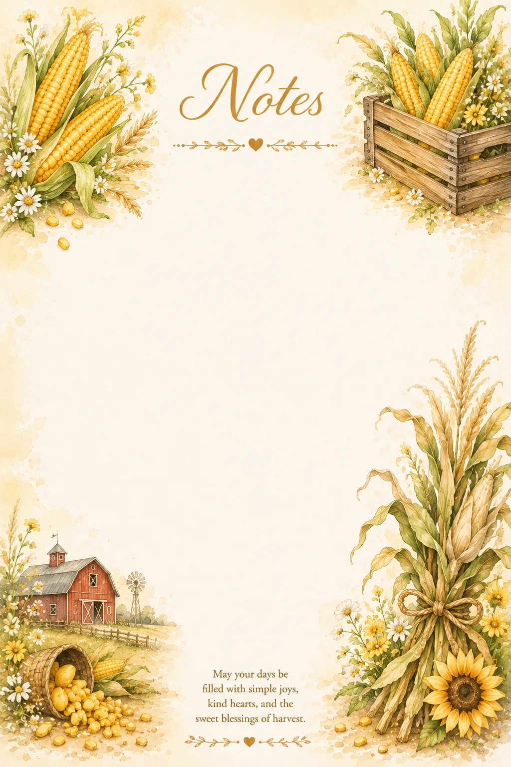 Harvest corn, farmhouse and rustic wooden crates surrounding a printable writing page.