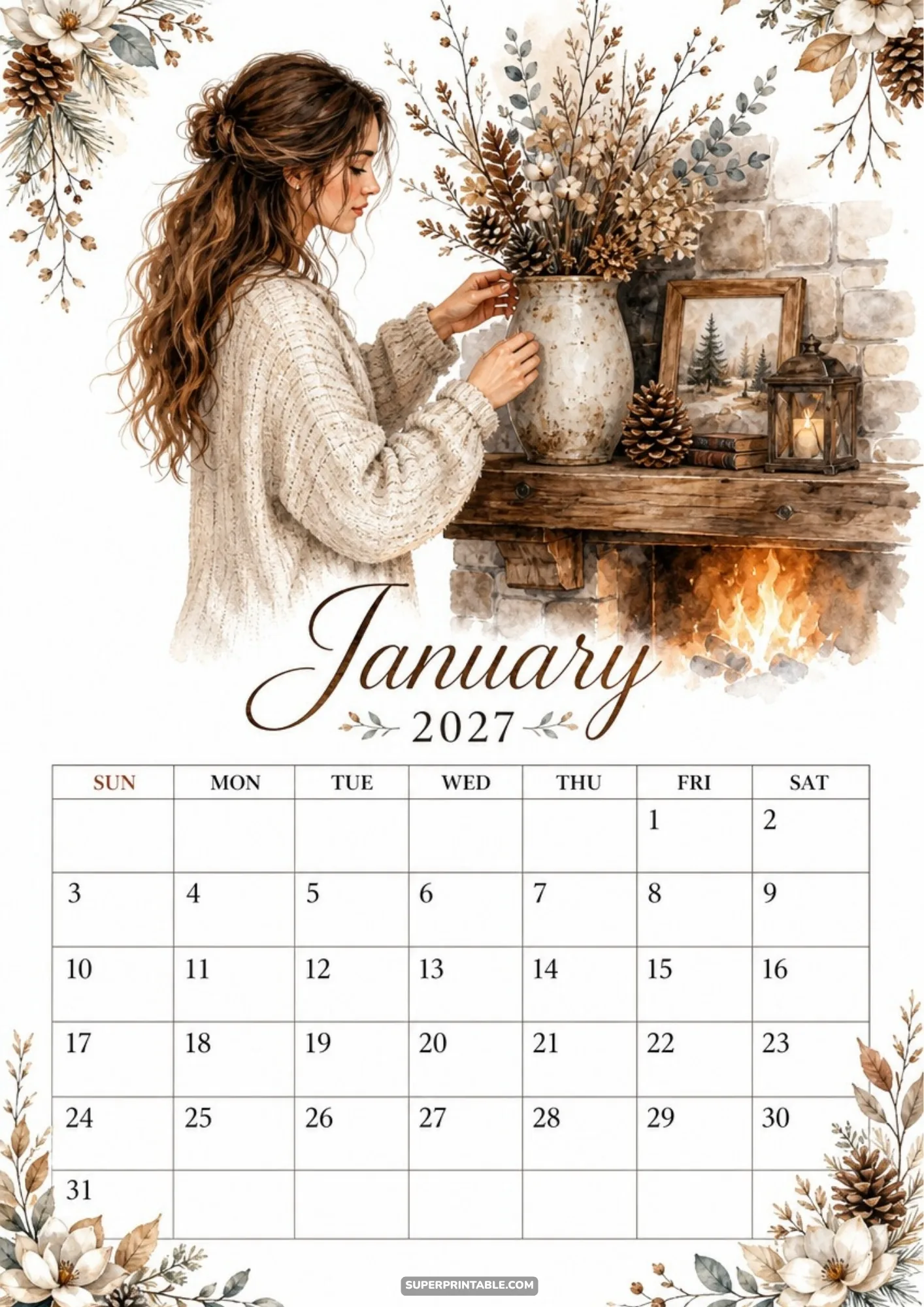 A woman arranges dried flowers and pinecones on a rustic wooden mantelpiece above a warm burning fireplace