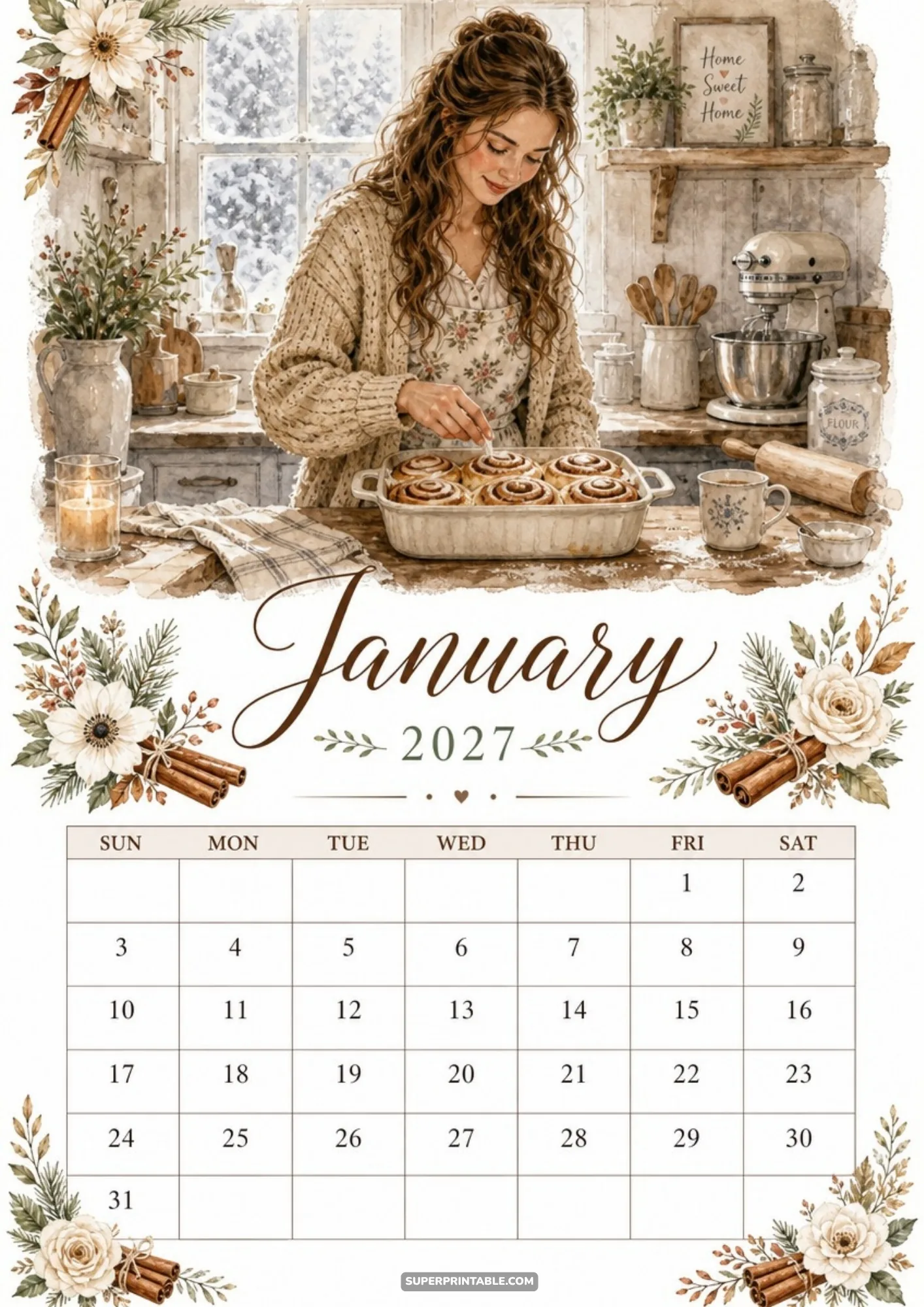 A woman in an apron bakes cinnamon rolls in a cozy rustic kitchen with vintage baking tools on a counter