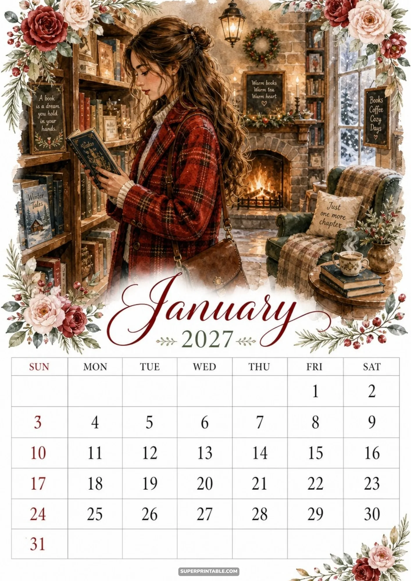 A woman in a red plaid coat browses bookshelves in a cozy library with a fireplace and armchair