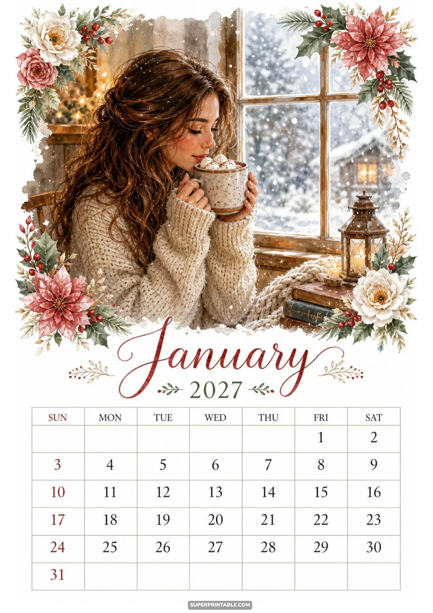 A woman in a cozy knit sweater drinks hot cocoa with marshmallows next to a snowy window with a cabin view