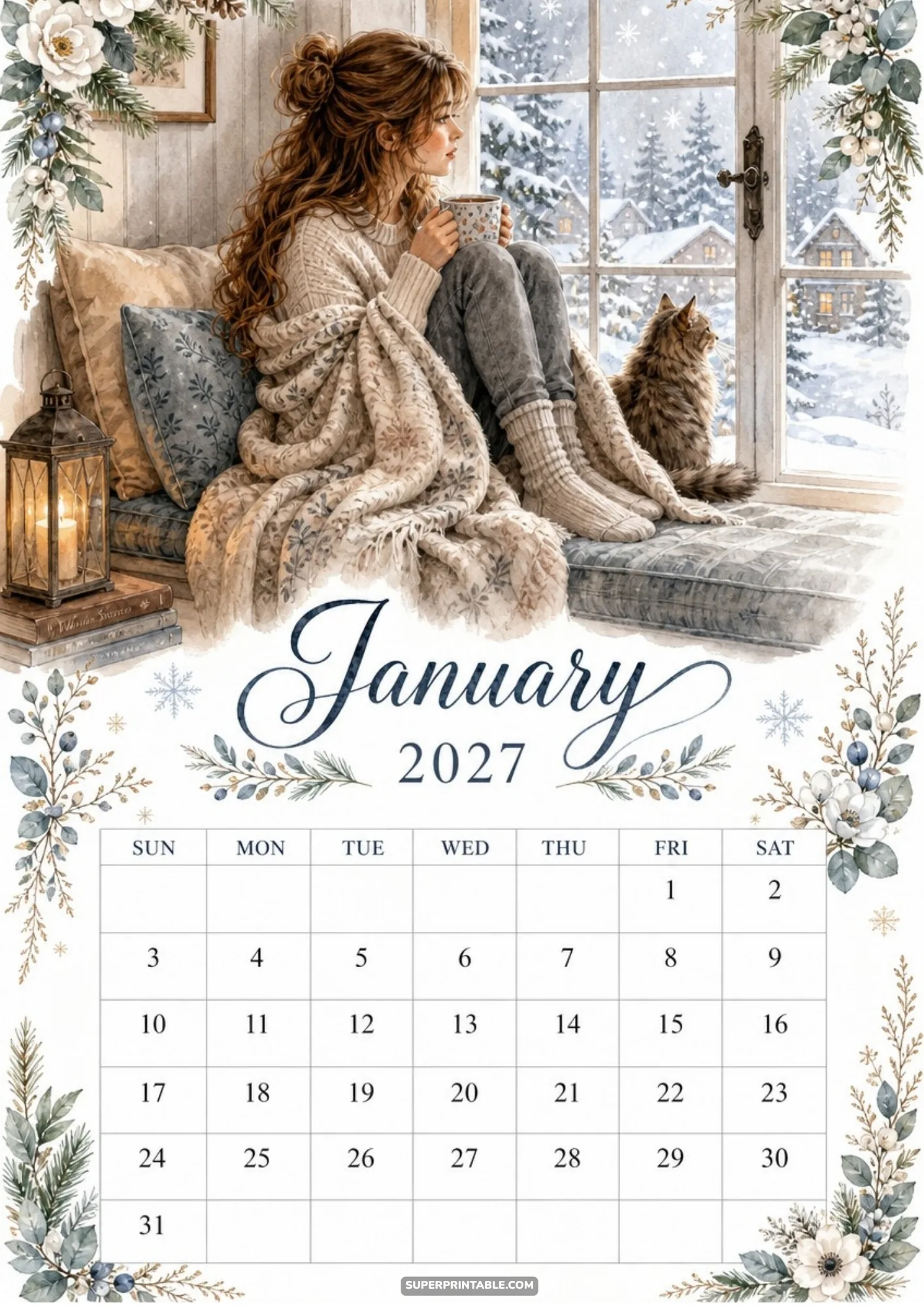 A woman wrapped in a warm blanket sits on a window bench with a fluffy cat looking at a snowy village