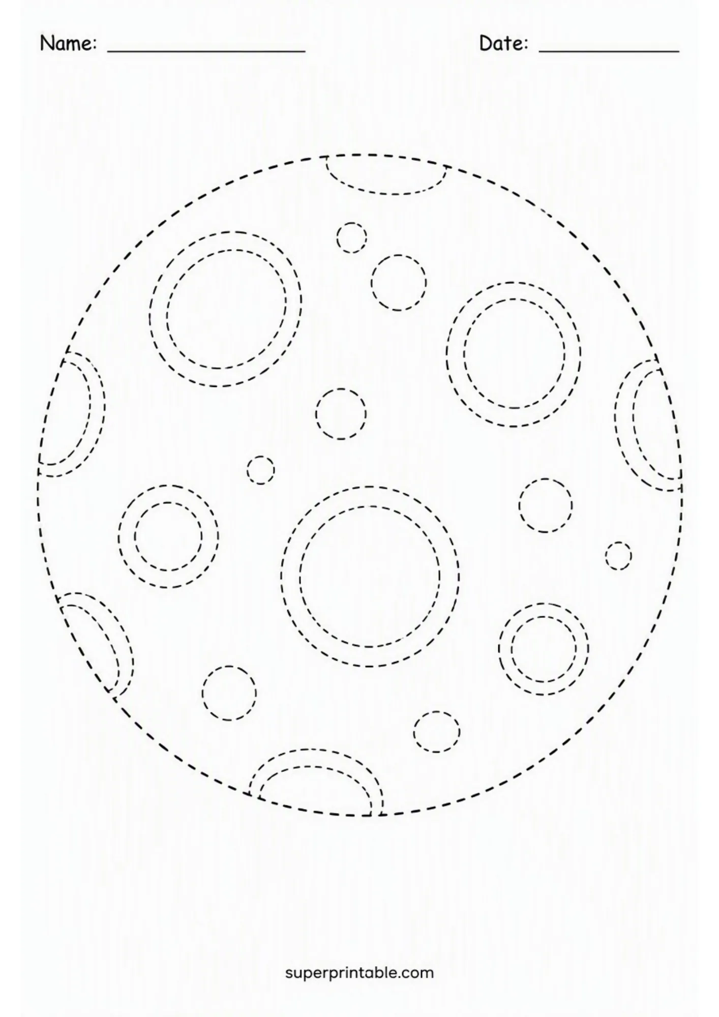 Cratered moon line tracing worksheet with circular dashed outlines for early learners.