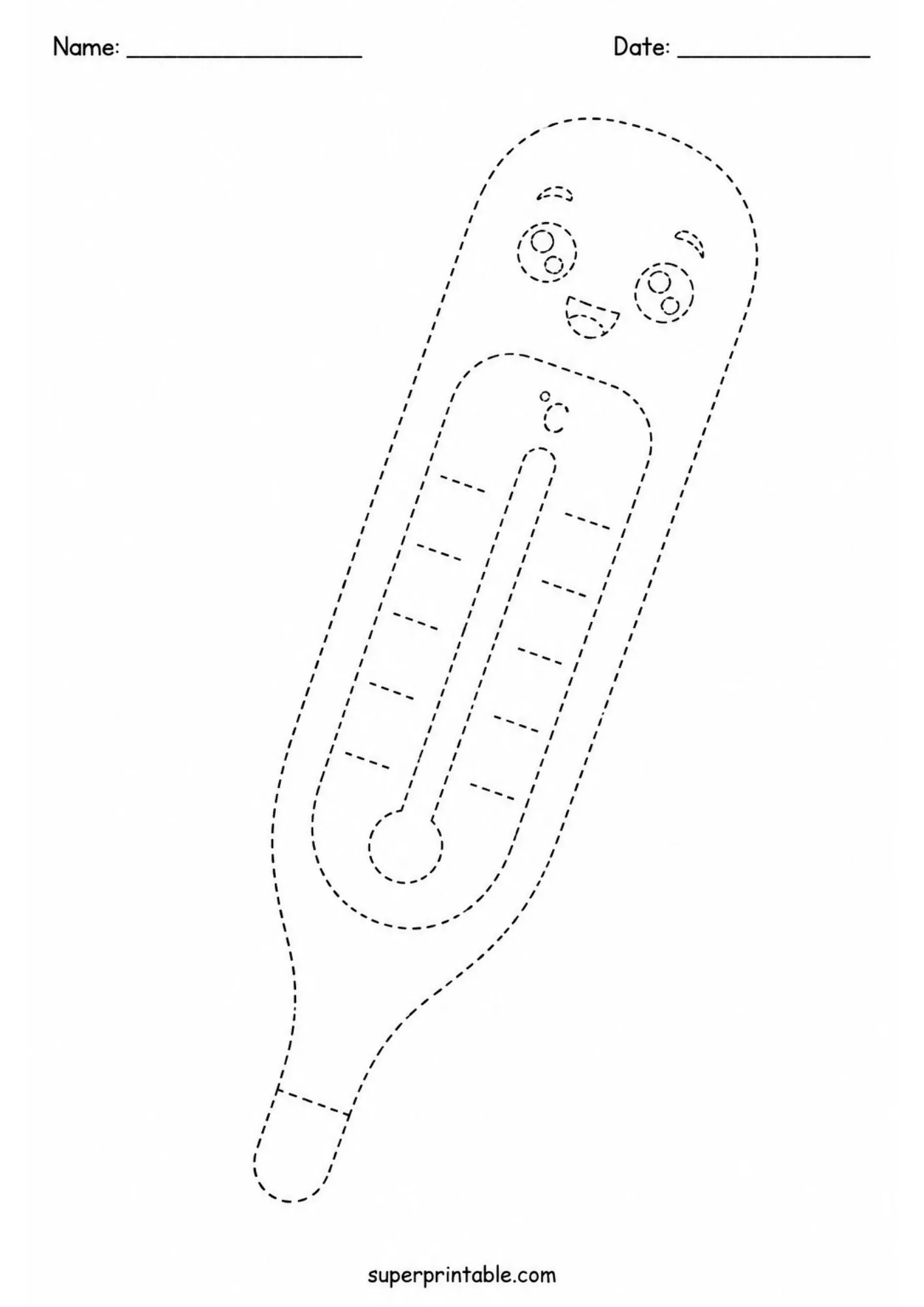 Fun hospital tracing worksheets activity featuring a happy cartoon medical thermometer.