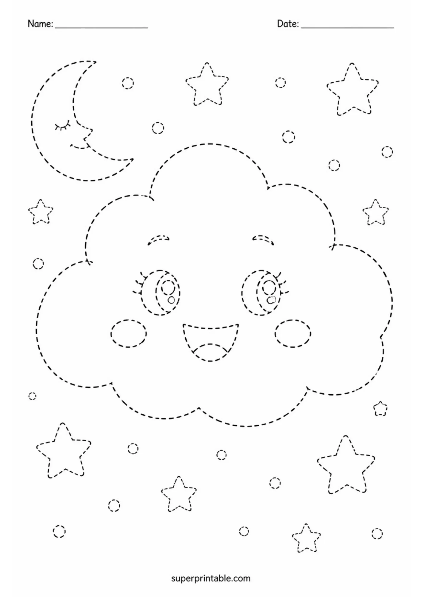 Cute smiling cloud surrounded by stars and a crescent moon in stars and sky activity worksheets.