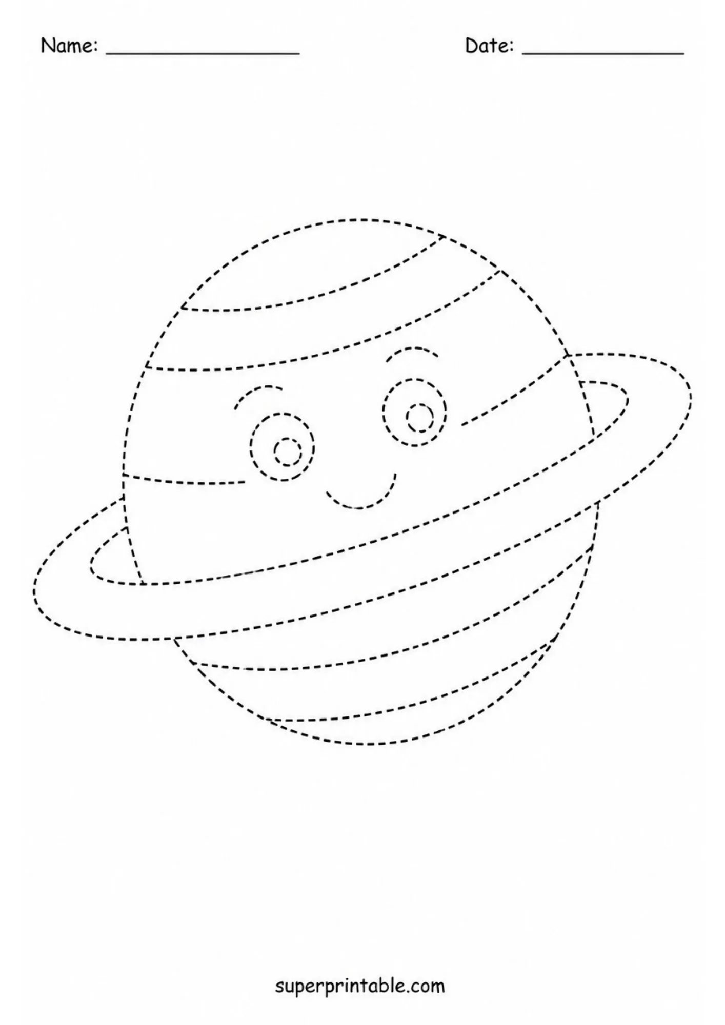 Tracing worksheet of a cute ringed planet with dashed line outlines for kids to draw.