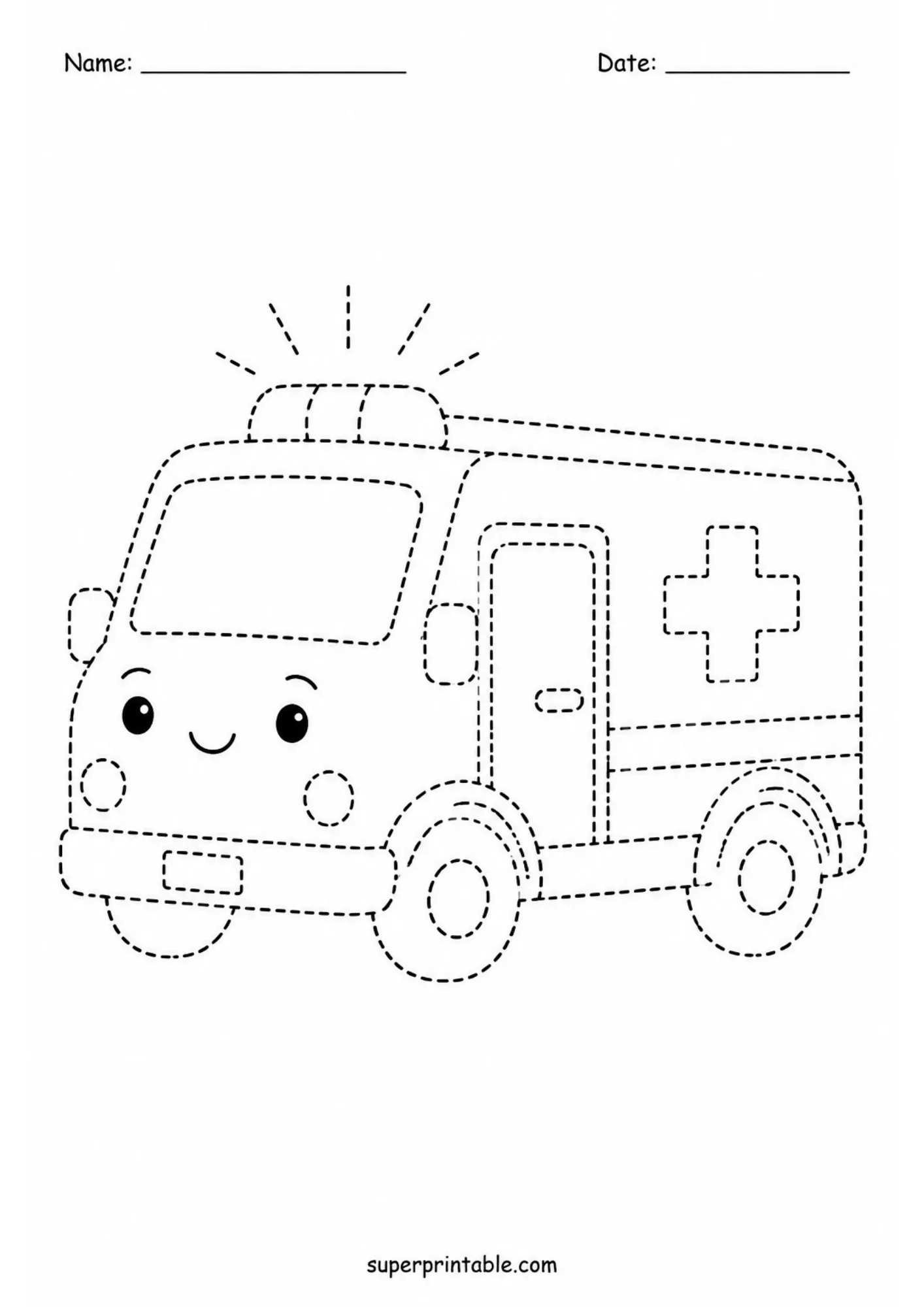 Black line tracing worksheet of a friendly cartoon ambulance with flashing lights for kids.