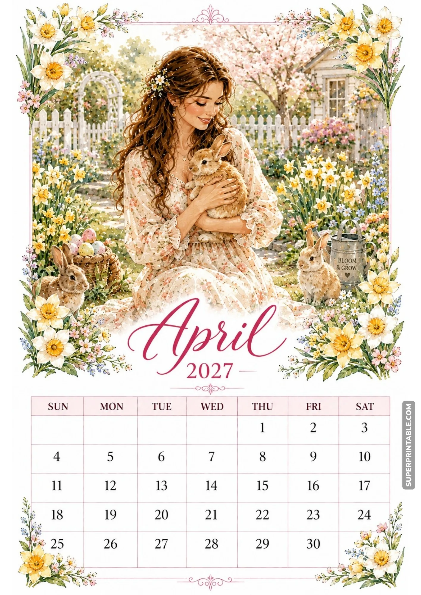 Woman holding a brown bunny rabbit while surrounded by bright yellow daffodils in a garden.