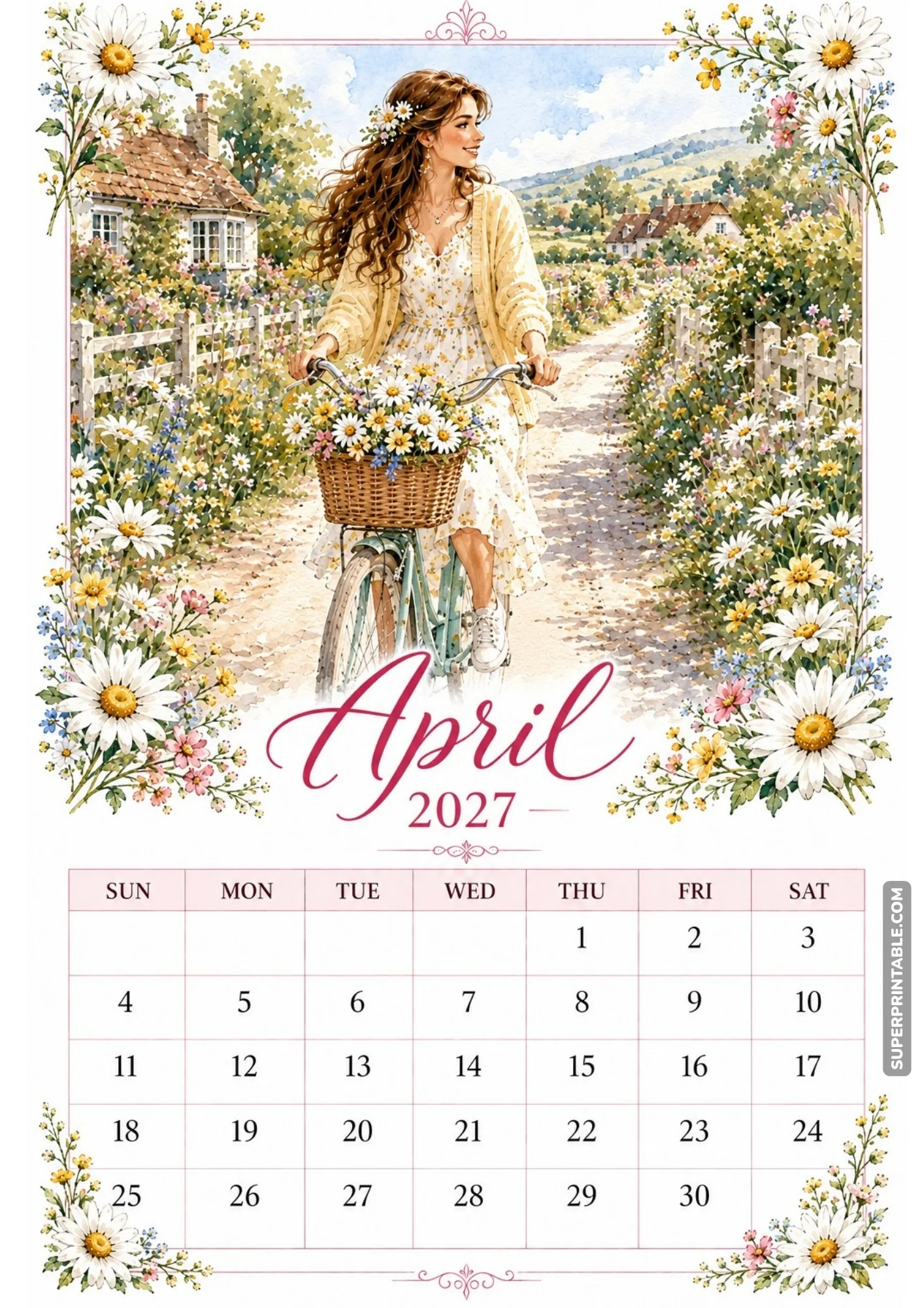 Woman riding a bicycle with a basket of white daisies down a sunny flower-lined country road.