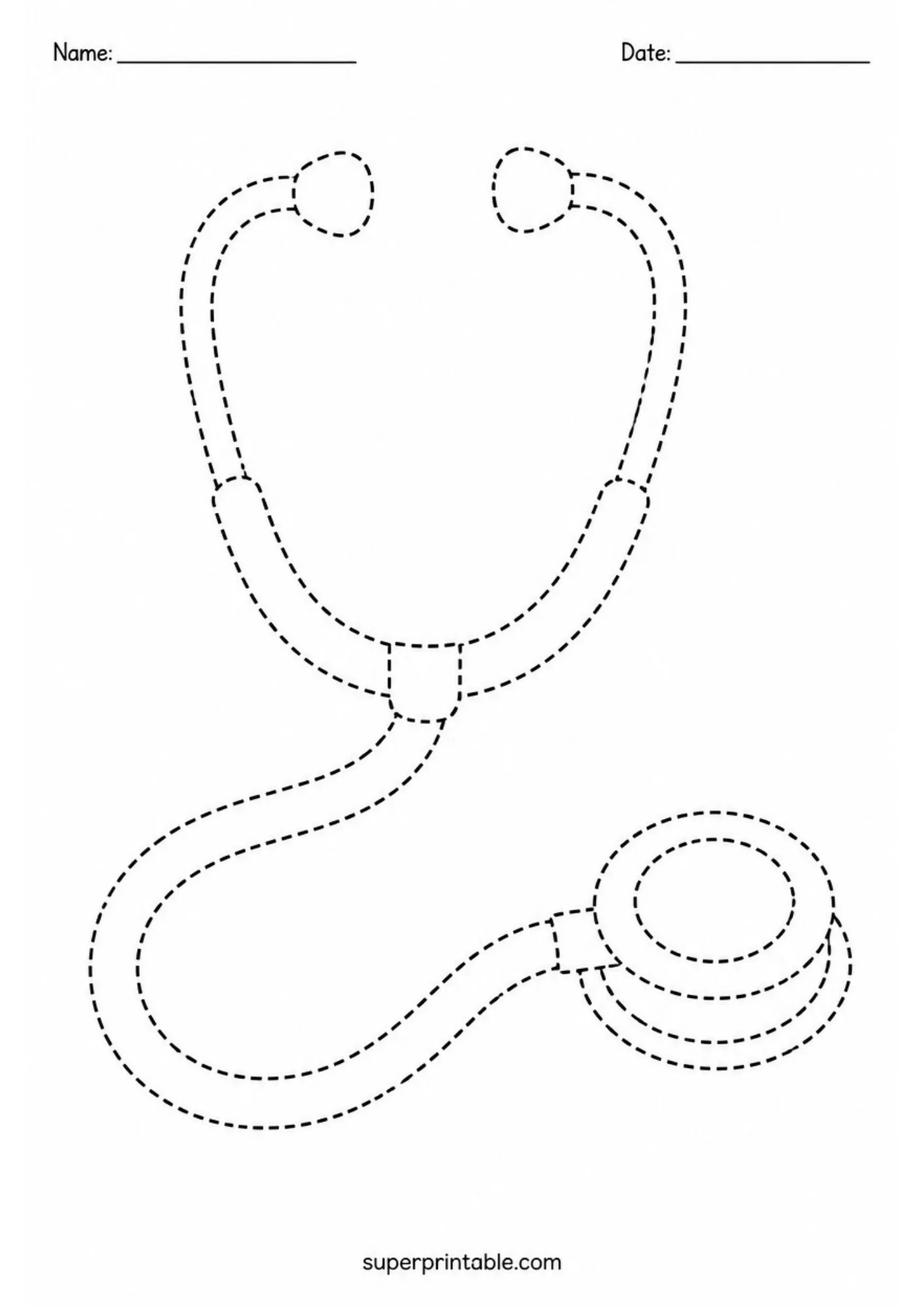 Hospital tracing worksheets printable page featuring a detailed doctor stethoscope outline.