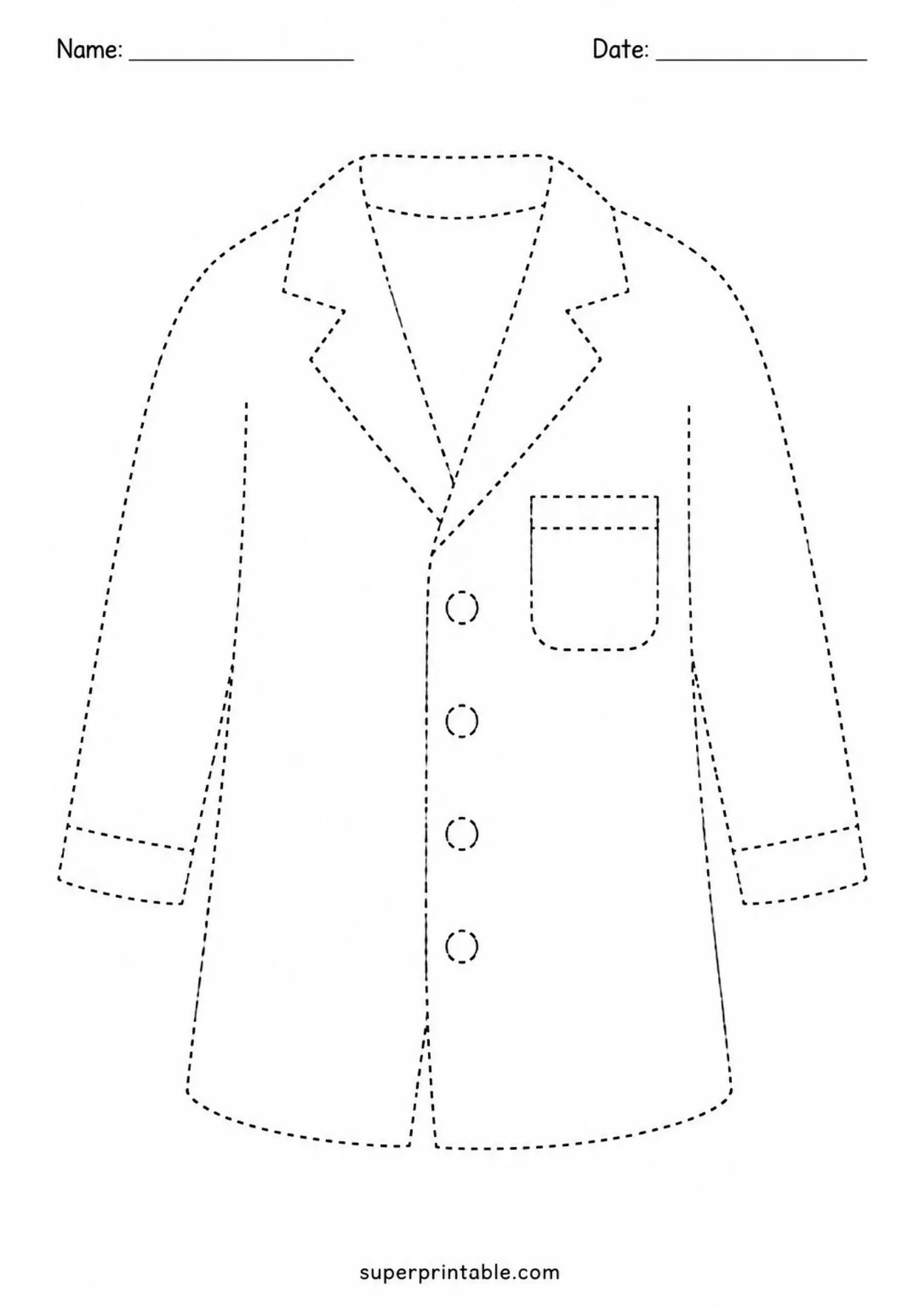 Line tracing page depicting a doctor lab coat with collar, buttons, and breast pocket.