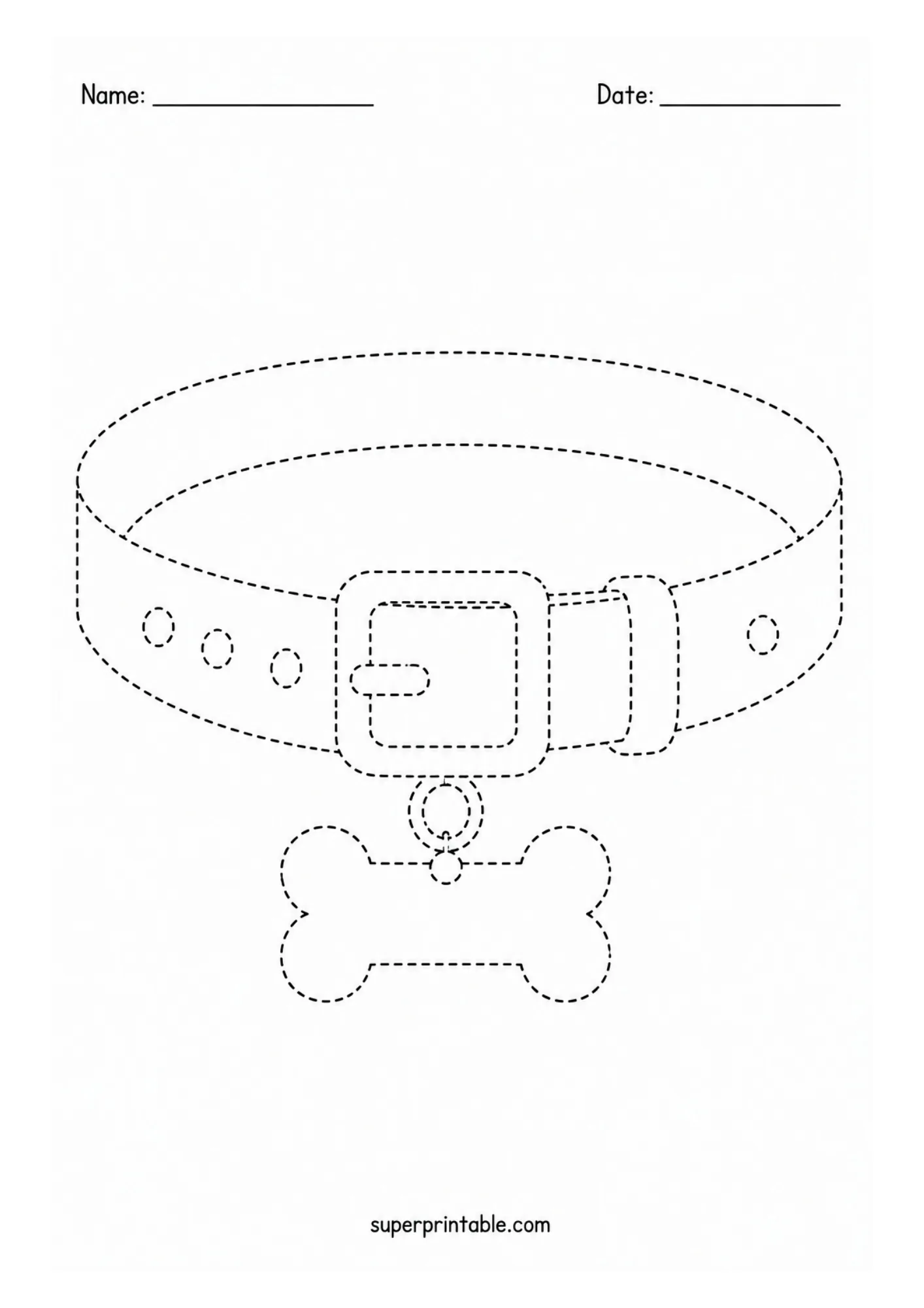 Dog collar and bone tag tracing worksheet suitable for pet shop activity worksheets.