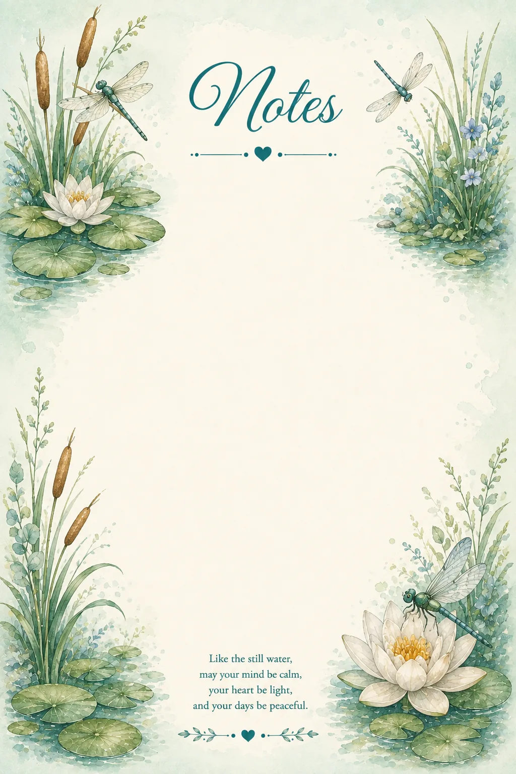 Dragonflies, lily pads, cattails and water lilies surrounding a peaceful writing page.