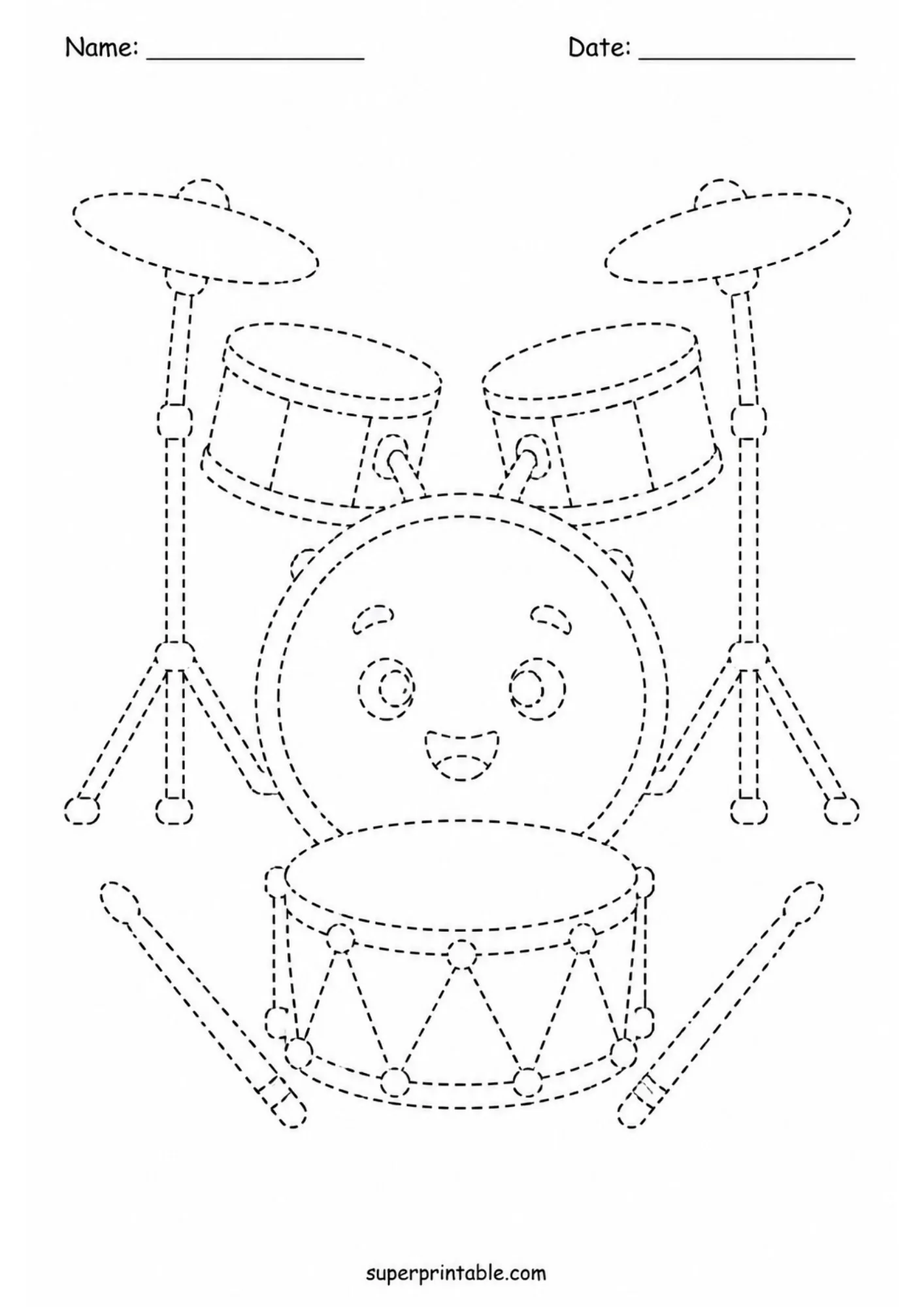 Dotted line tracing sheet of a complete drum set with cymbals and drumsticks.