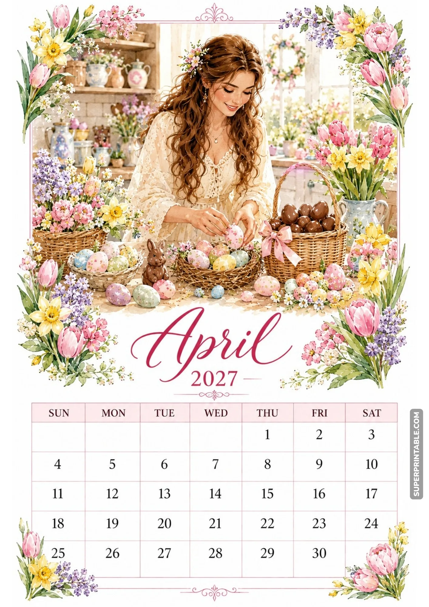 Woman decorating colorful Easter eggs at a flower-filled kitchen counter with an April 2027 calendar layout.