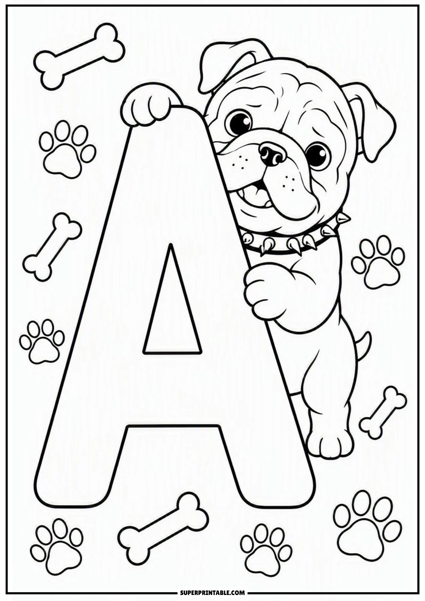 Printable bulldog coloring pages showing a cute English bulldog puppy peeking behind a bold letter A.