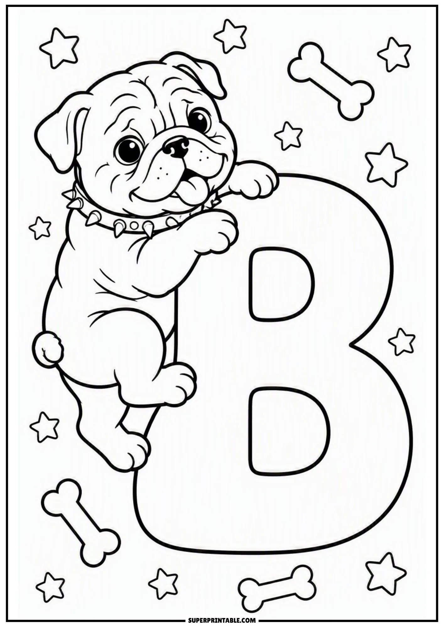 Fun bulldog coloring pages presenting a puppy clinging to a giant capital letter B surrounded by stars.