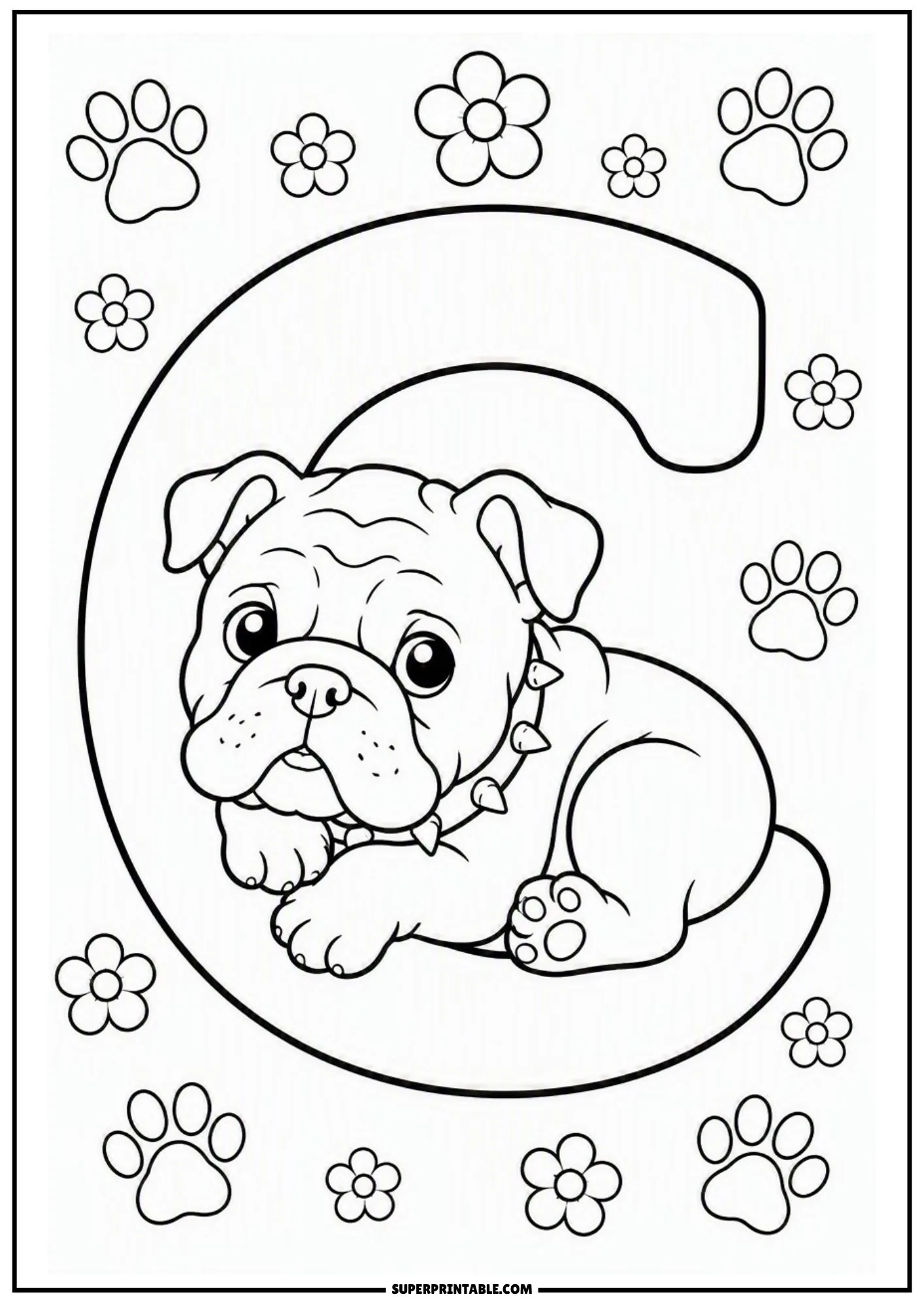 Cute English bulldog puppy resting comfortably inside the curve of a giant capital letter C.