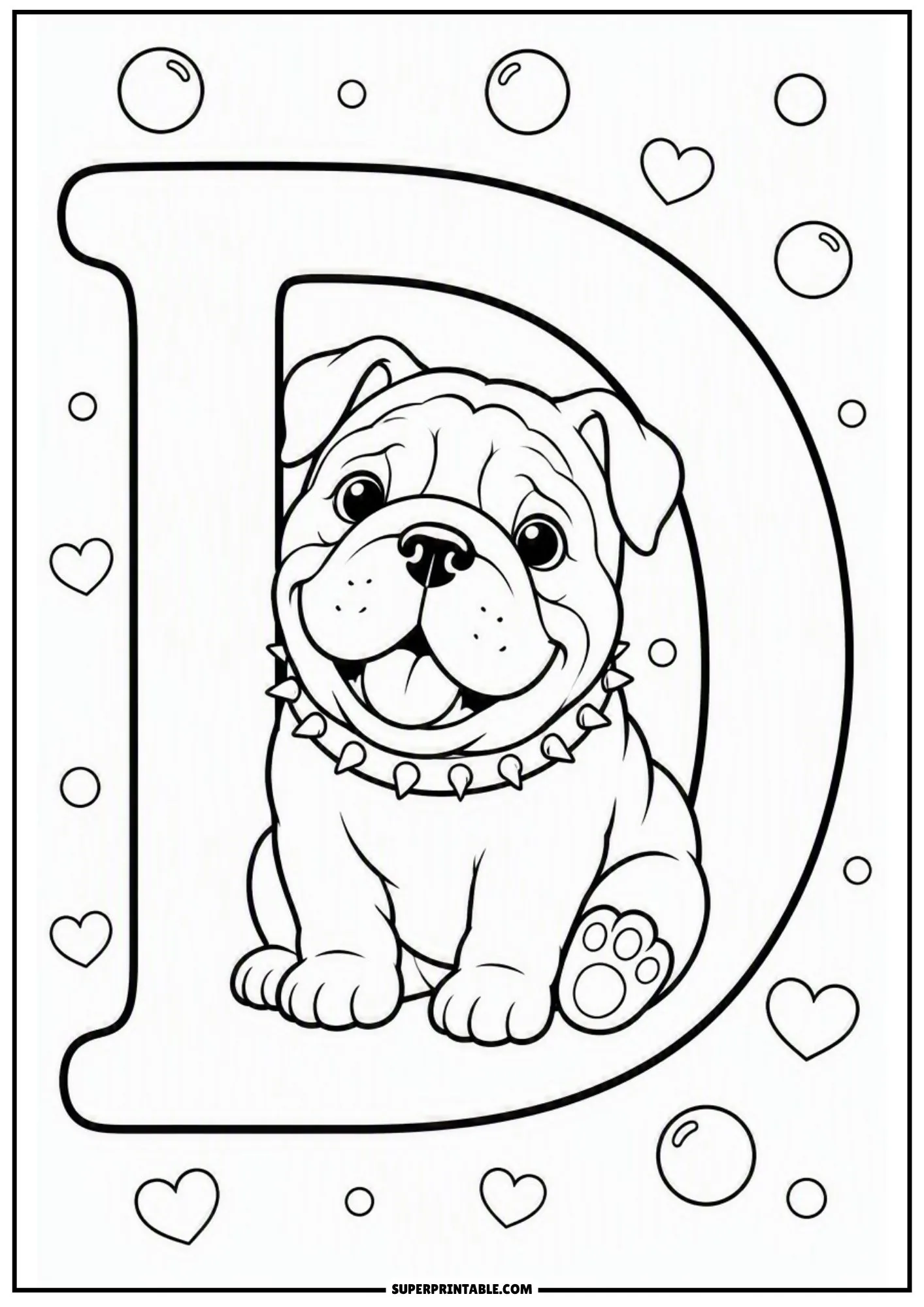 Happy English bulldog puppy sitting inside the curved loop of a large capital letter D with bubbles.
