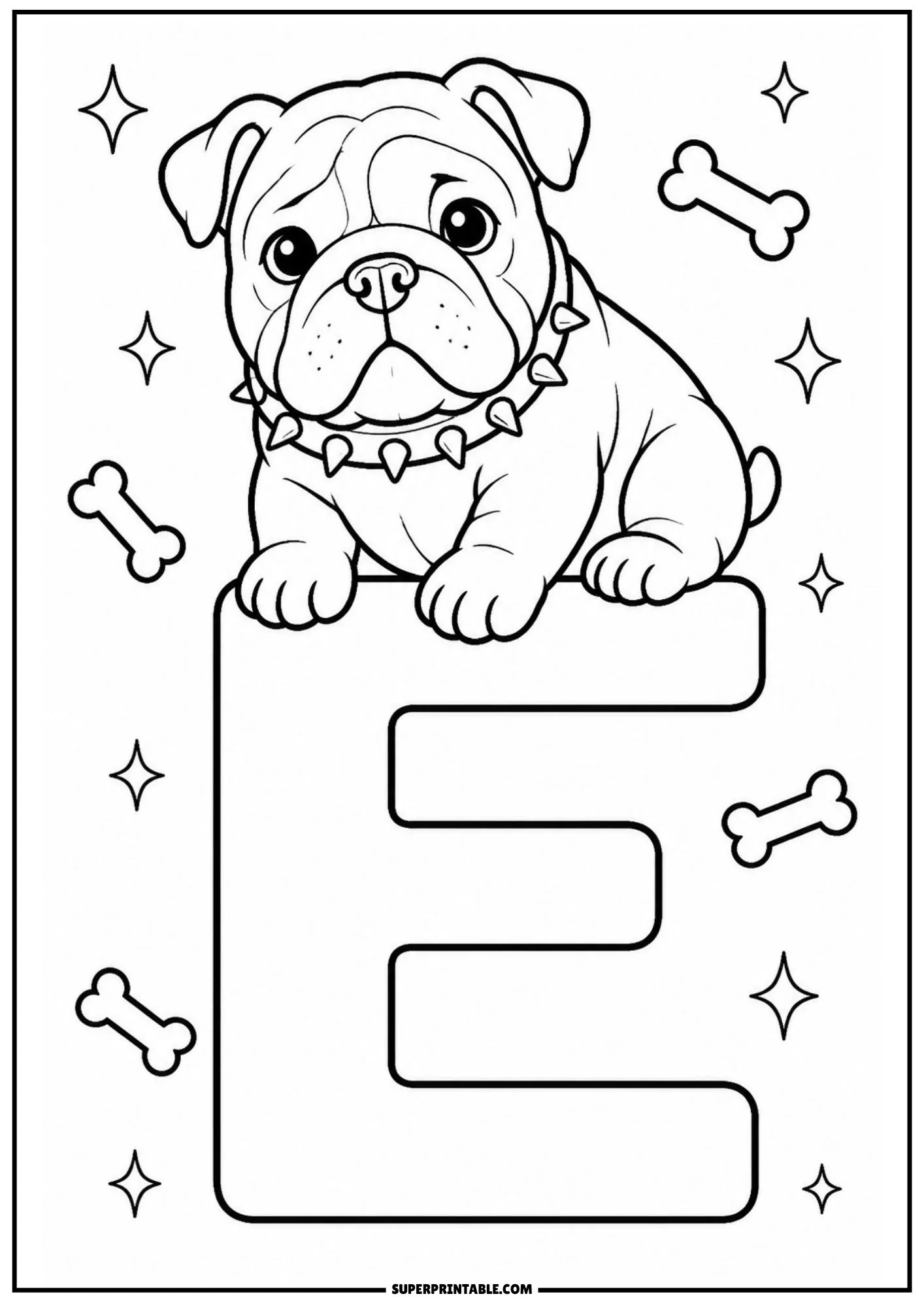 Cute English bulldog puppy resting on top of a giant capital letter E with sparkling stars.