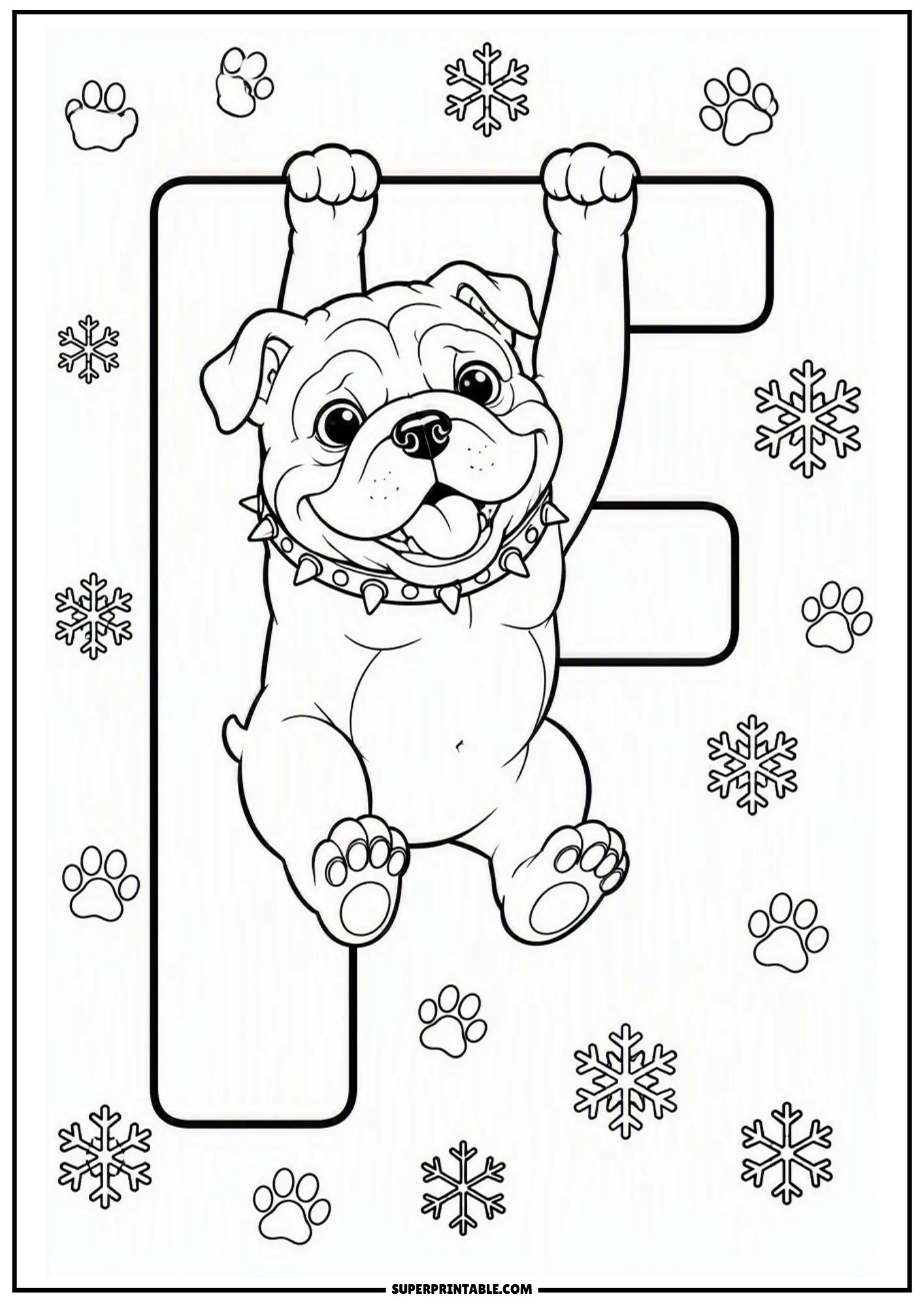 Playful English bulldog puppy hanging by its paws from a large capital letter F with snowflakes.