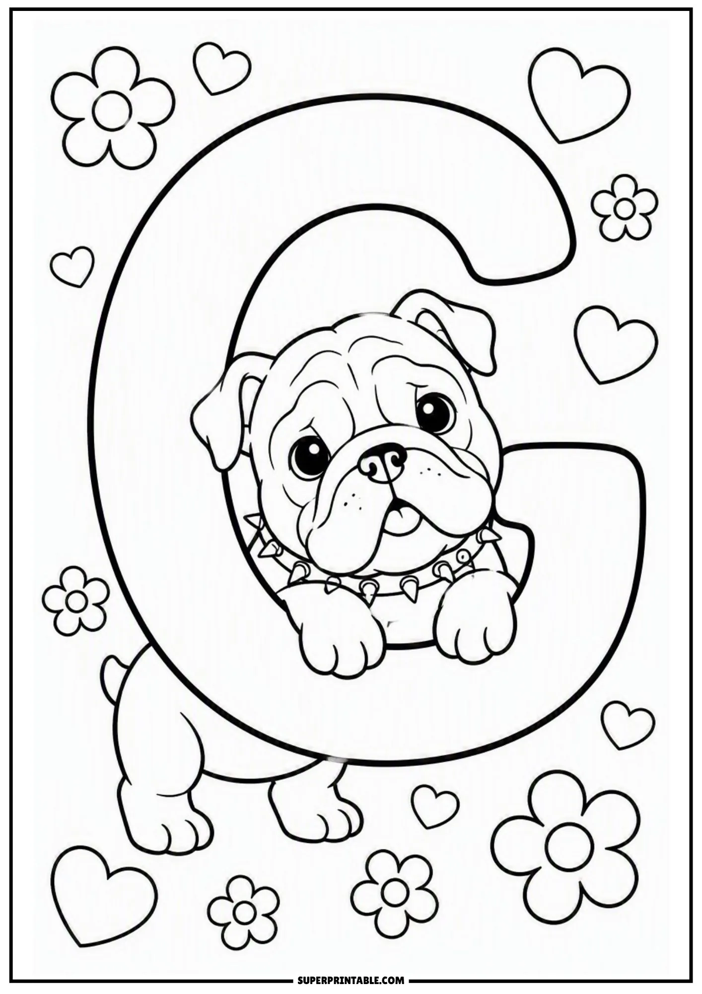 Sweet English bulldog puppy looking out from inside a large capital letter G with flowers and hearts.