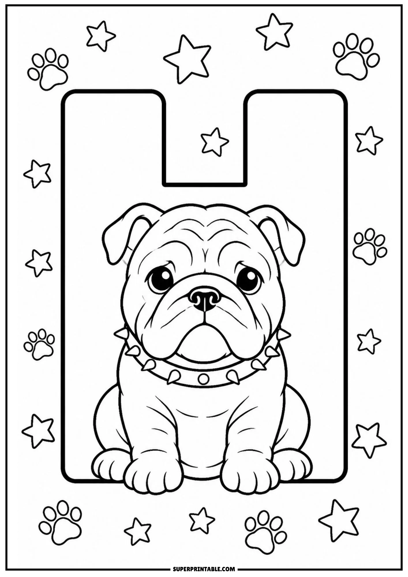 Calm English bulldog puppy seated under the crossbar of a large capital letter H with stars.