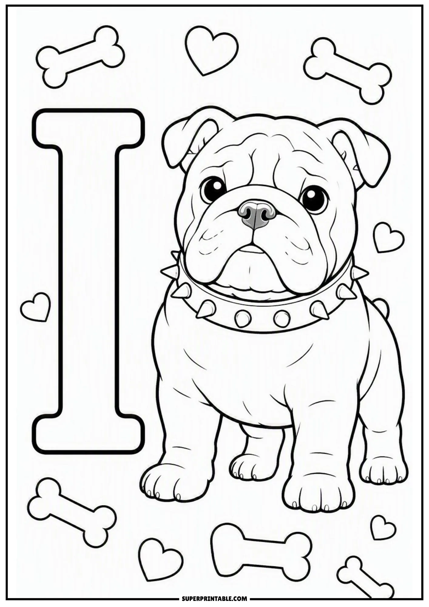 Strong English bulldog puppy standing proudly next to a large capital letter I with bones.