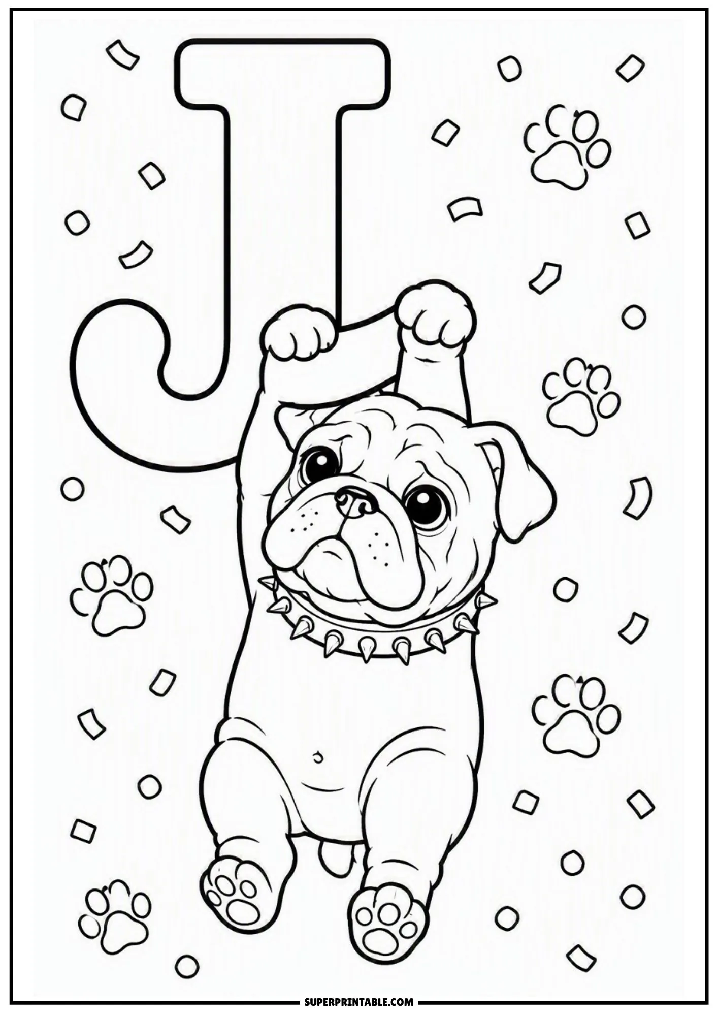 Adorable English bulldog puppy hanging playfully from a large capital letter J surrounded by confetti.
