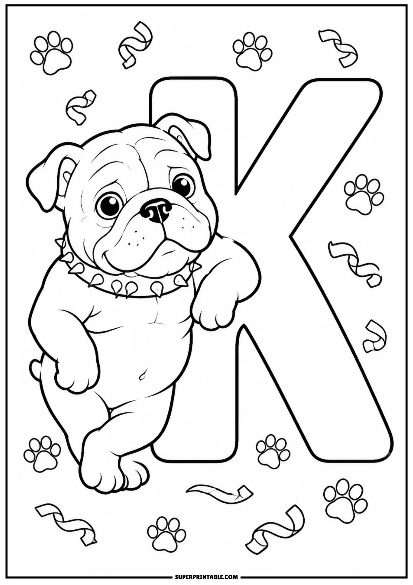 Cute English bulldog puppy leaning casually against a large capital letter K with ribbons and paw prints.