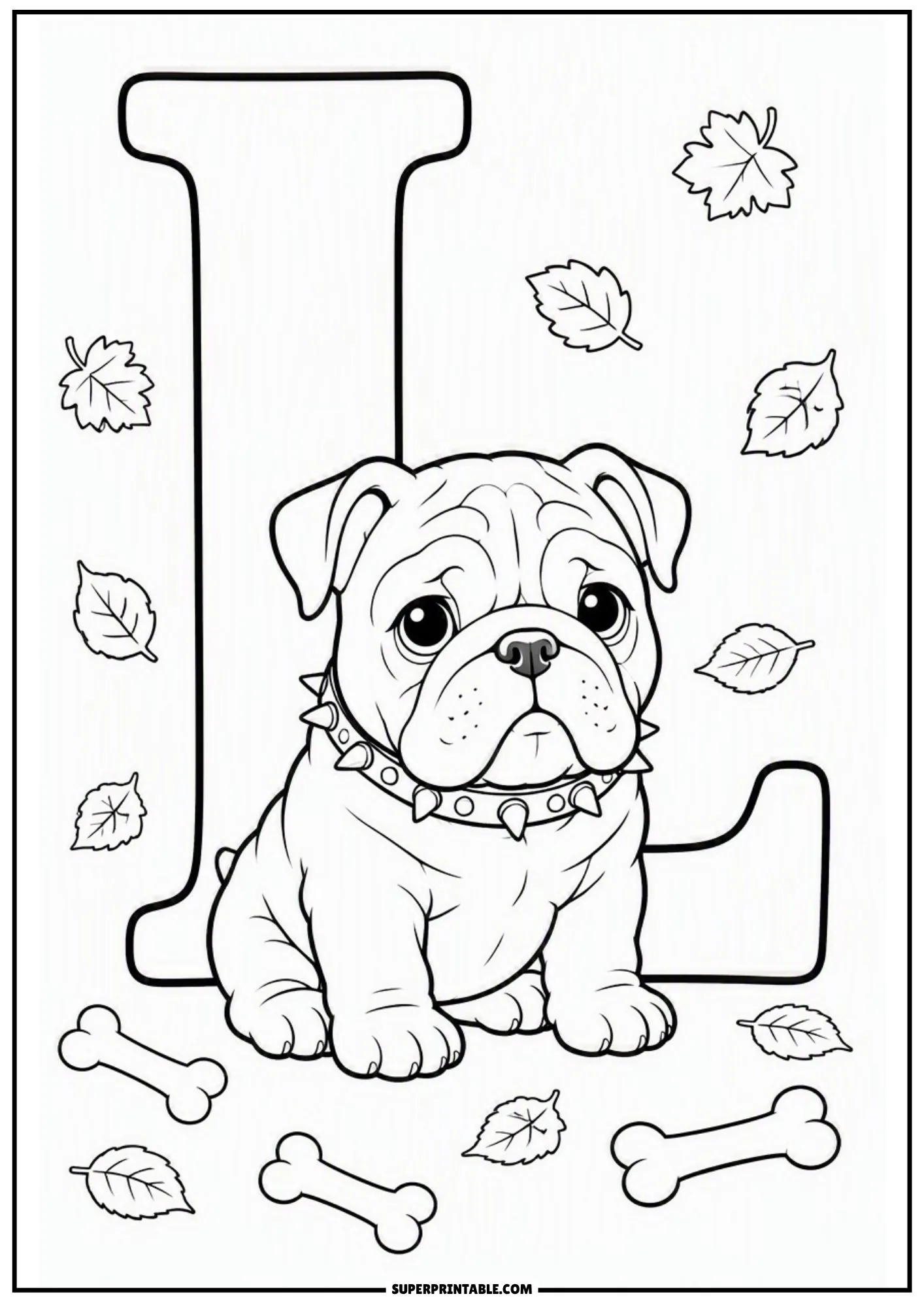Charming English bulldog puppy sitting proudly in front of a large capital letter L with falling leaves.