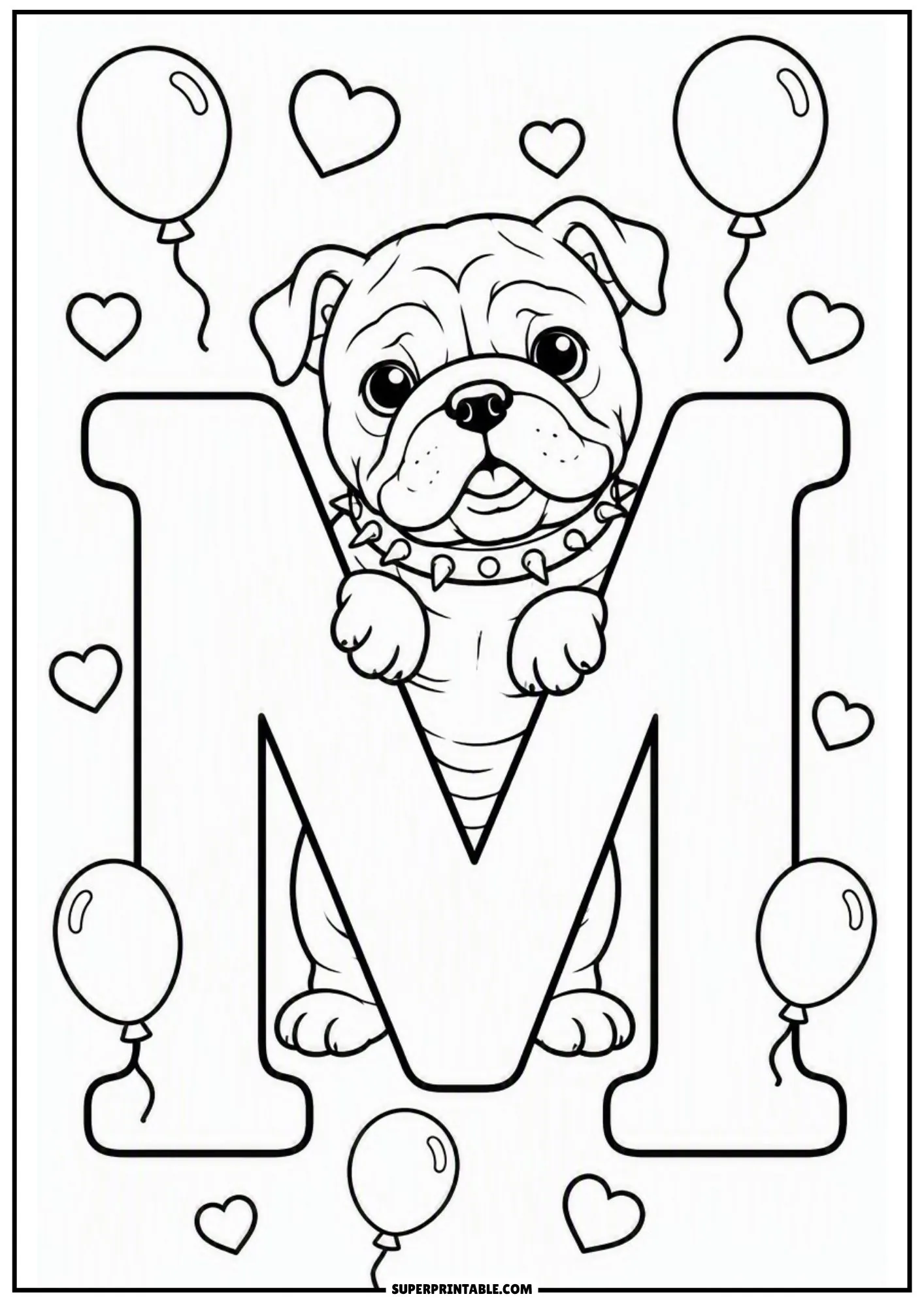 Sweet English bulldog puppy standing inside a giant capital letter M framed by floating heart balloons.
