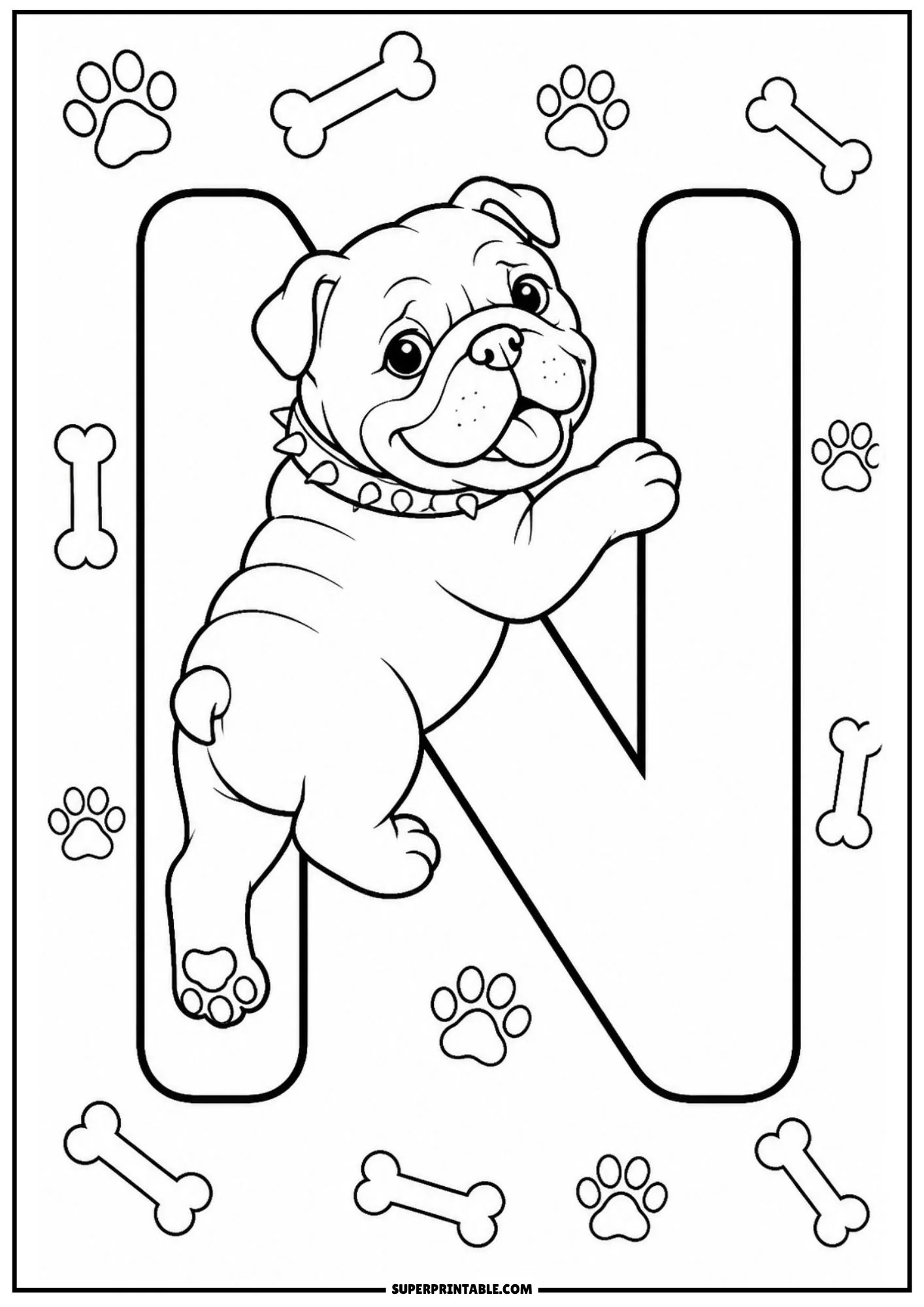 Playful English bulldog puppy climbing onto a large capital letter N surrounded by bones and paw prints.