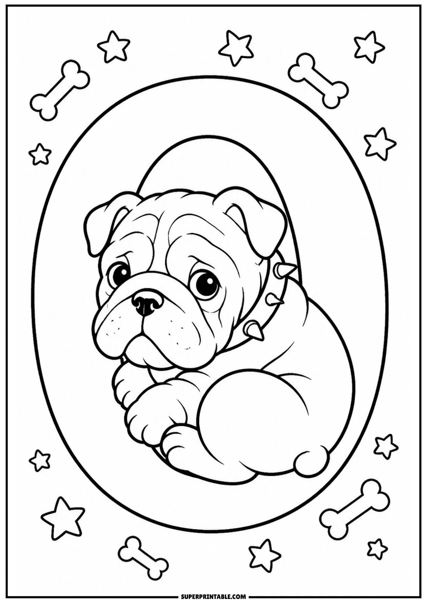 Cute English bulldog puppy curled up sleeping inside a large capital letter O with stars and bones.