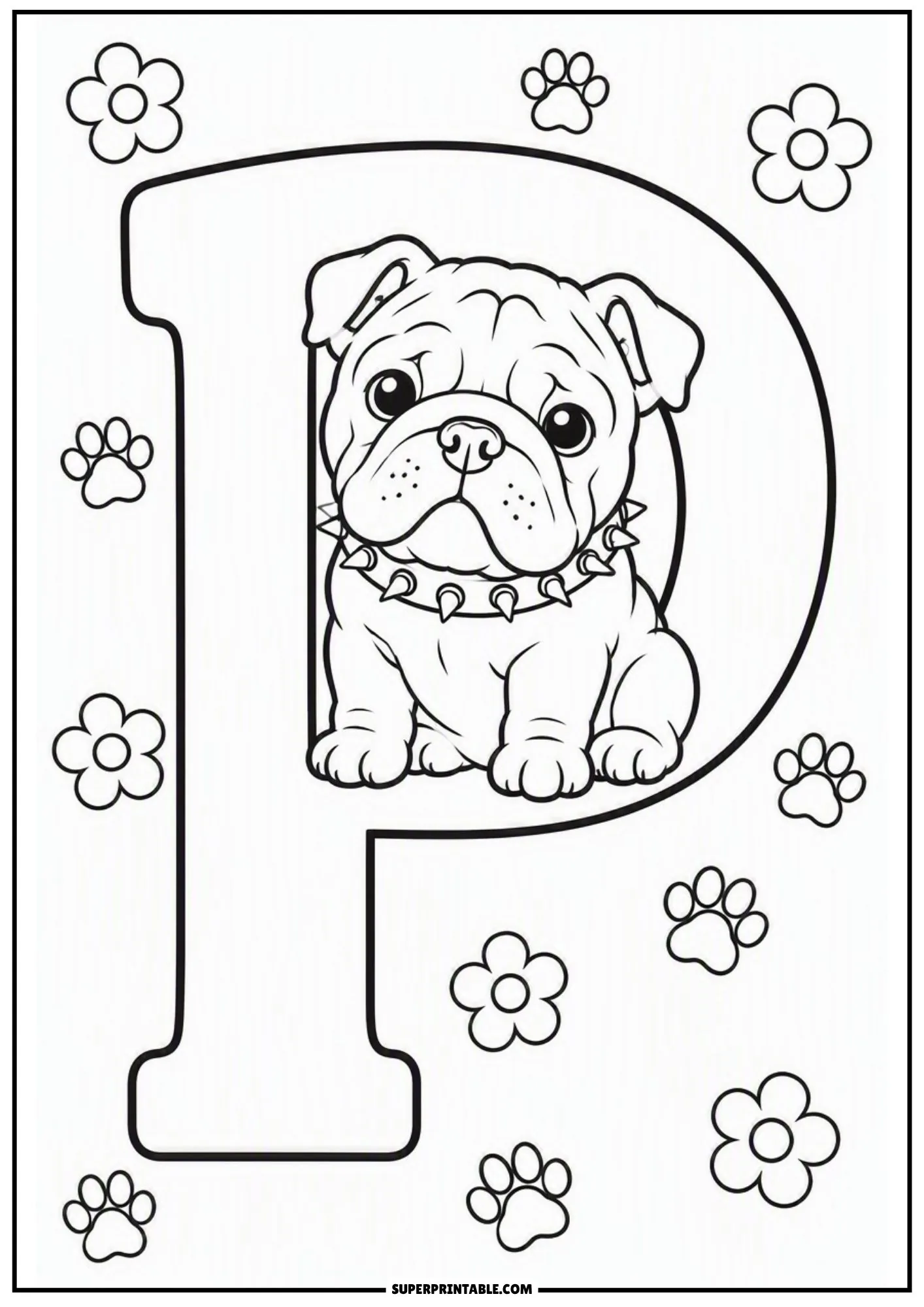 Lovely English bulldog puppy seated inside the loop of a large capital letter P surrounded by flowers.