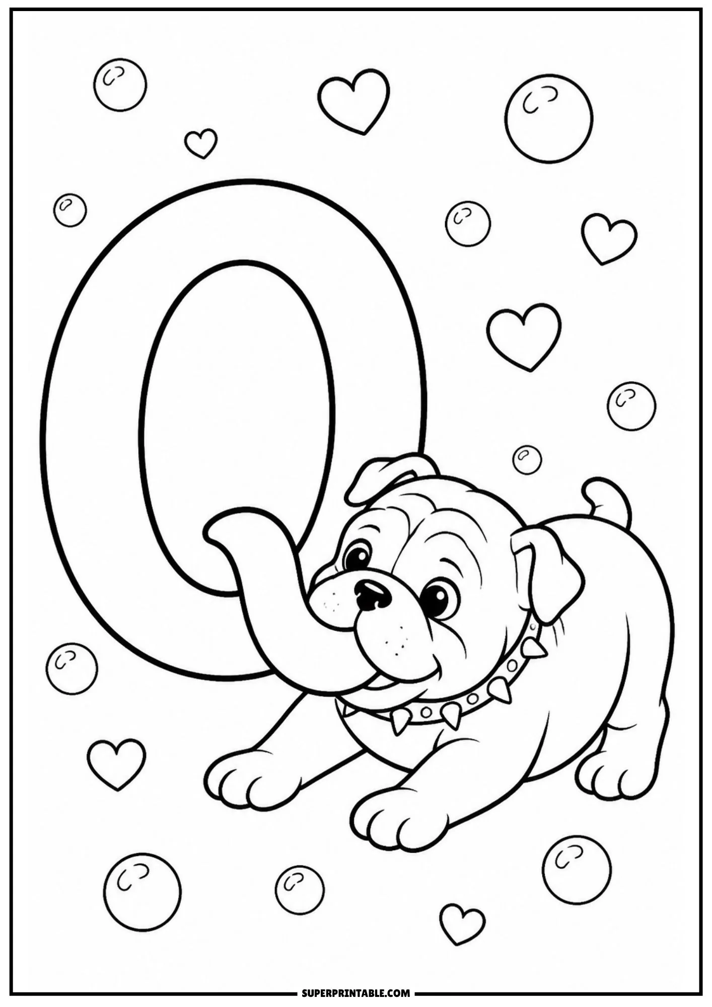 Playful English bulldog puppy interacting with the tail of a capital letter Q among floating bubbles.